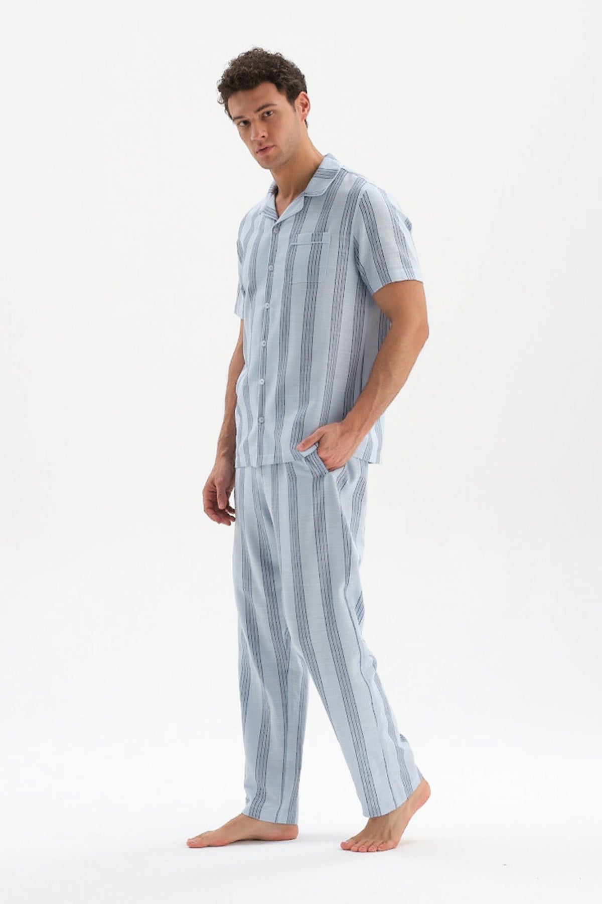 Açıkmavi Çizgili Dokuma Pijama Altı