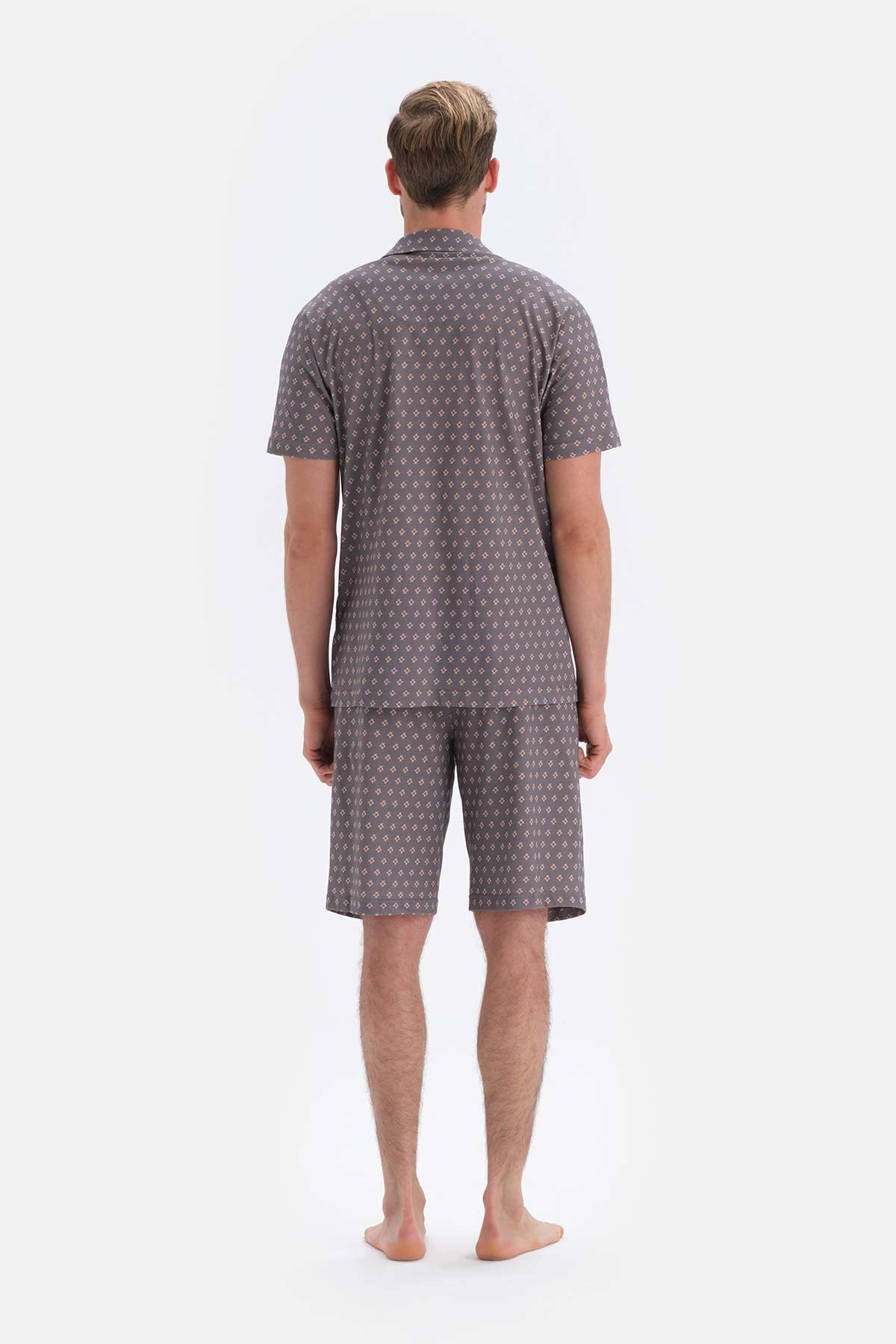 Gri Metraj Baskılı Gömlek Şort Örme Pijama Takımı