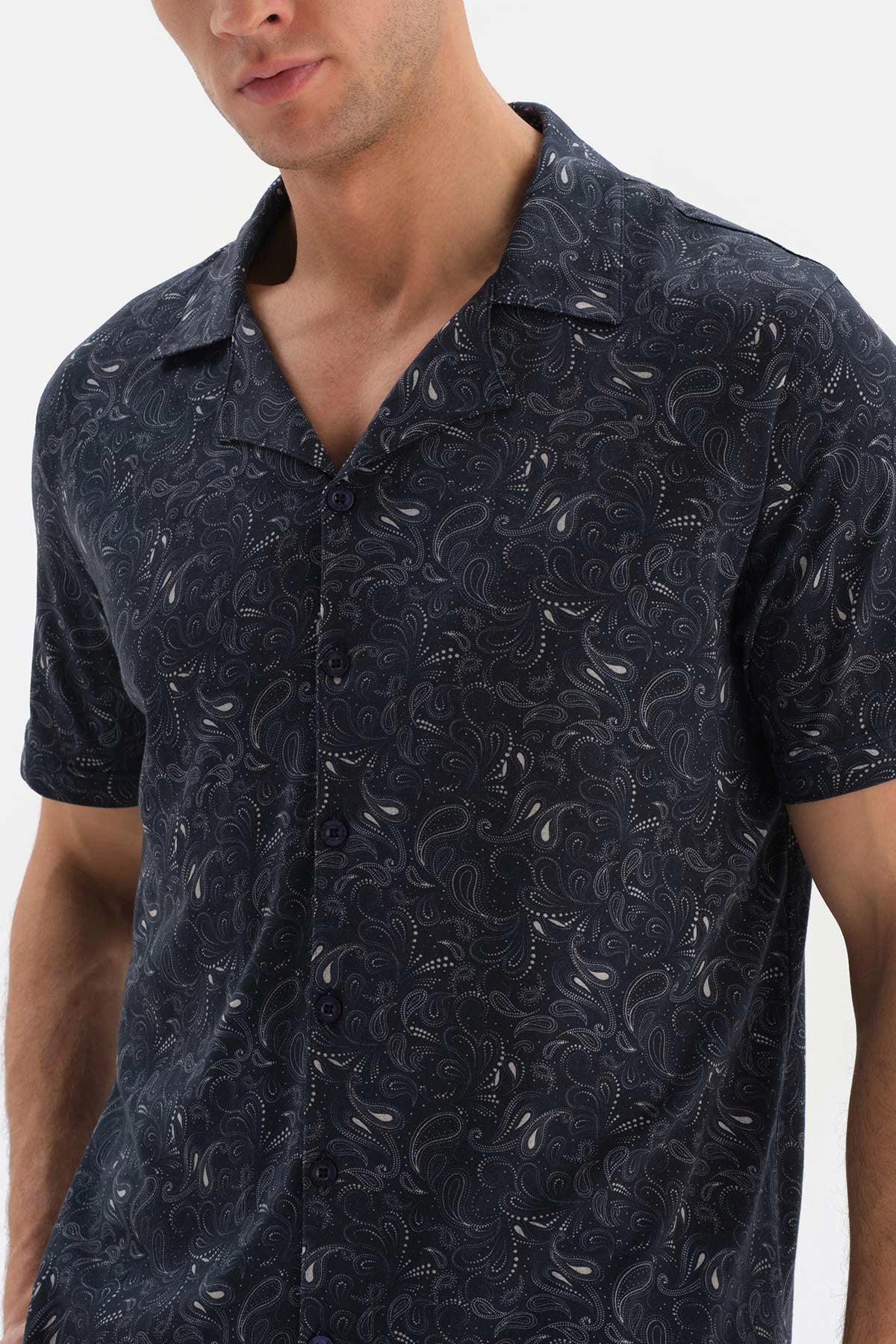 Lacivert Gömlek Yaka Şal Desenli Örme Şortlu Pijama Takımı