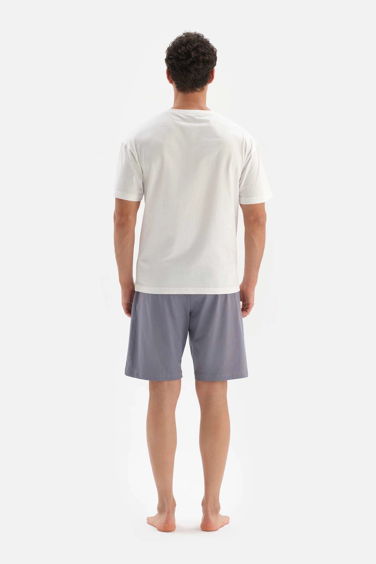 Ekru Oversize Bis Yaka Baskılı Şort Pijama Takımı