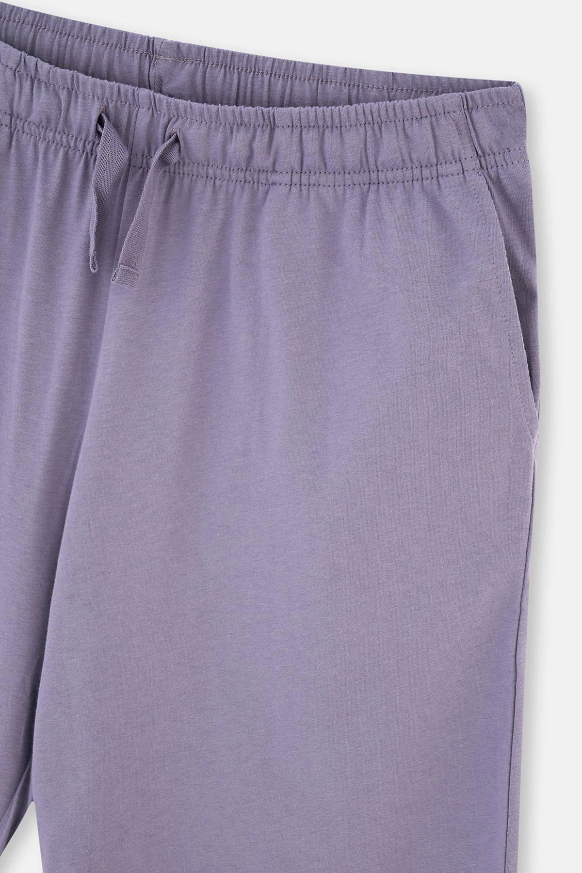 Gri Bisiklet Yaka Baskılı Şortşu Pijama Takımı