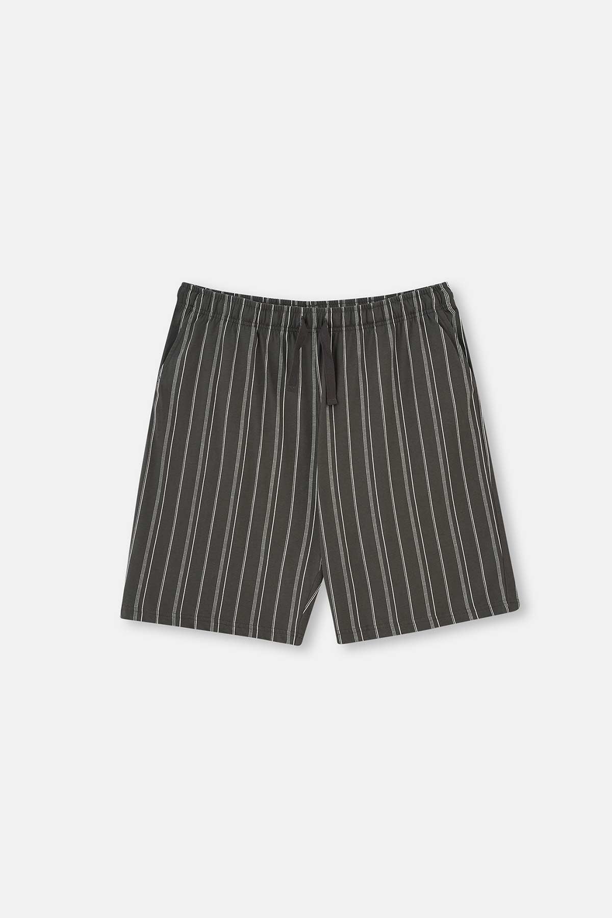 Antrasit Yarım Patlı Çizgili Alt Örme Şortlu Pijama Takımı