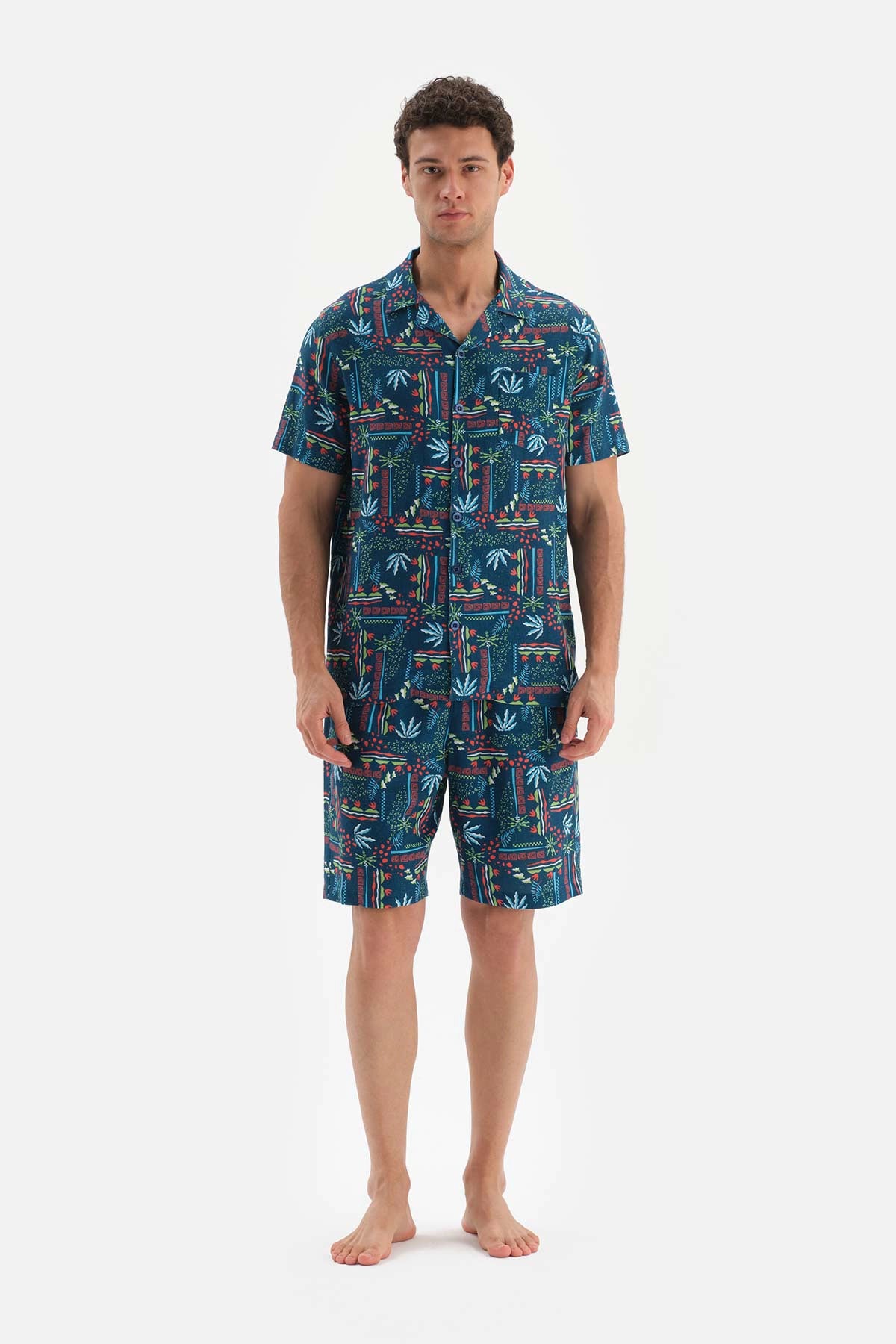 Lacivert Gömlek Yaka Metraj Baskılı Dokuma Pijama Takımı