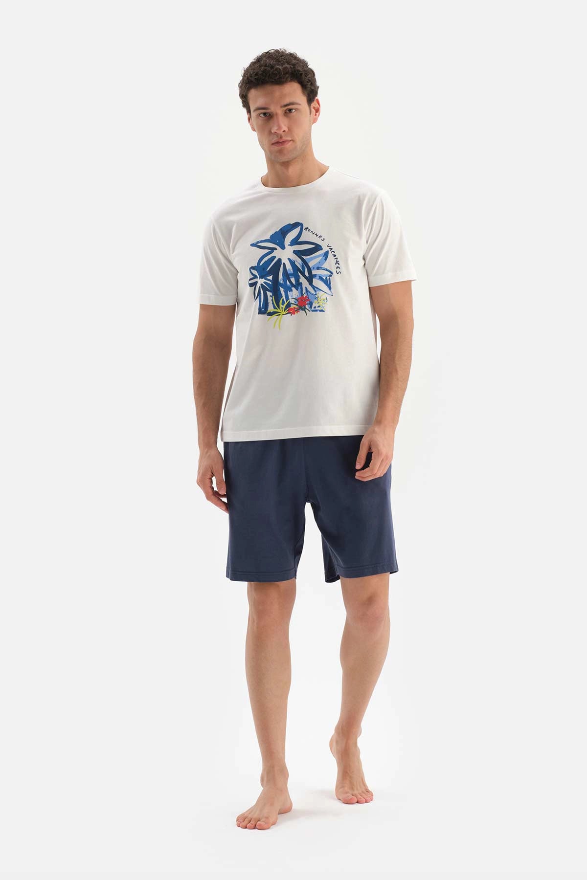 Ekru Bisiklet Yaka Baskılı Pamuklu Şortlu Pijama Takımı