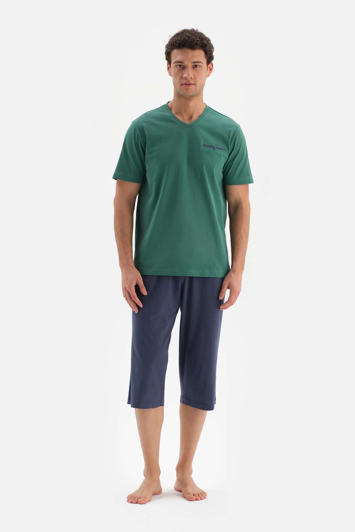 Haki V Yaka Altı Kapri Örme Pijama Takımı