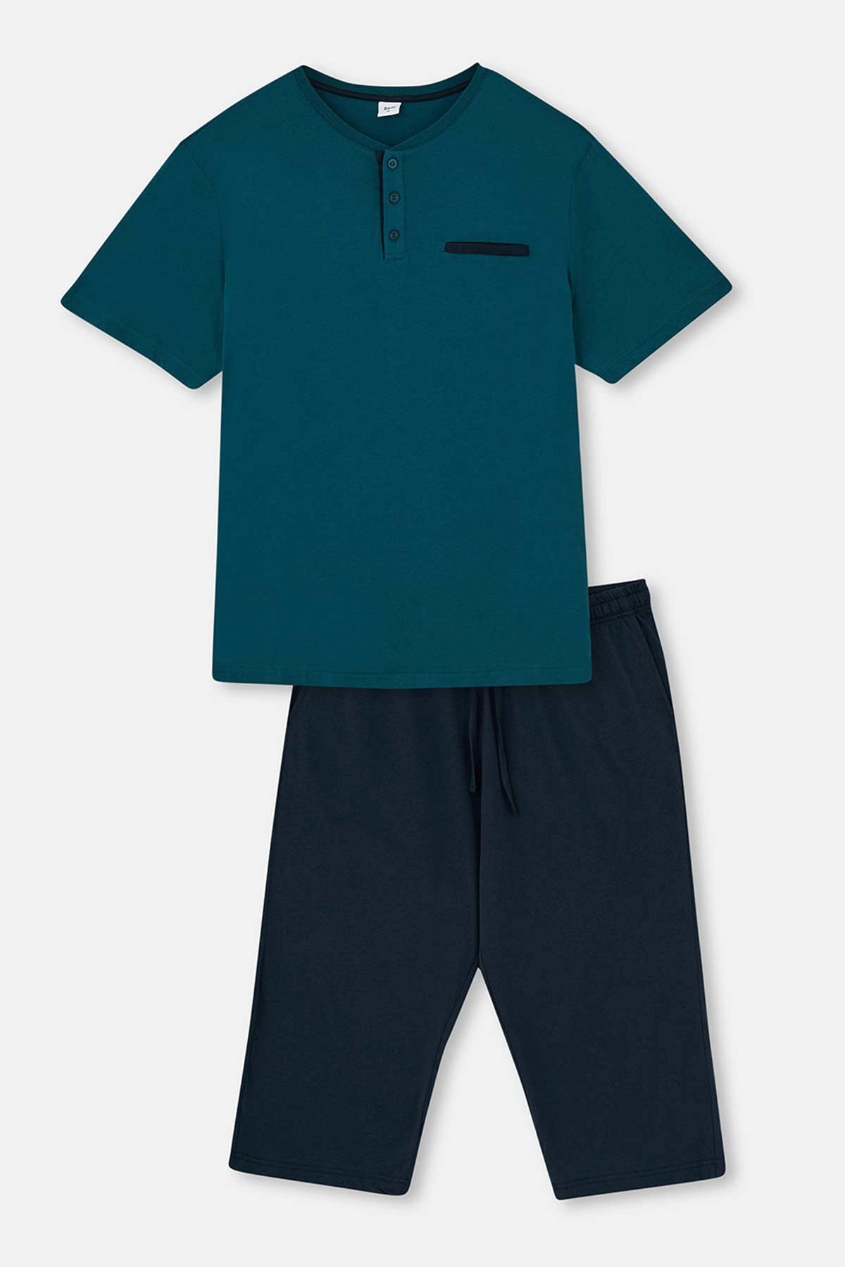 Petrol Yeşili i Yarım Patlı Kapri Örme Pijama Takımı