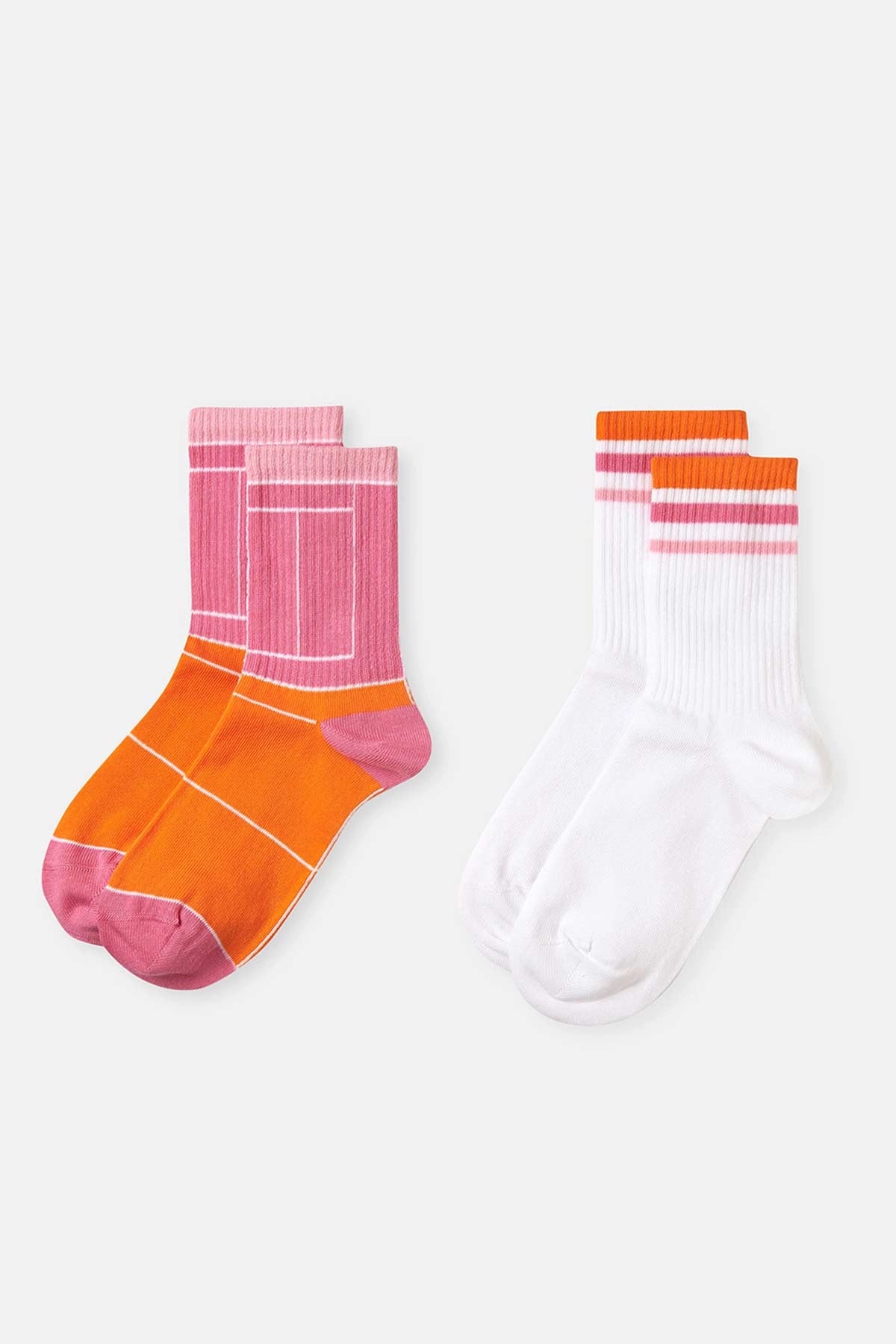 Beyaz-Pembe Kadın 2'Li Kort Desen Spor Çorabı
