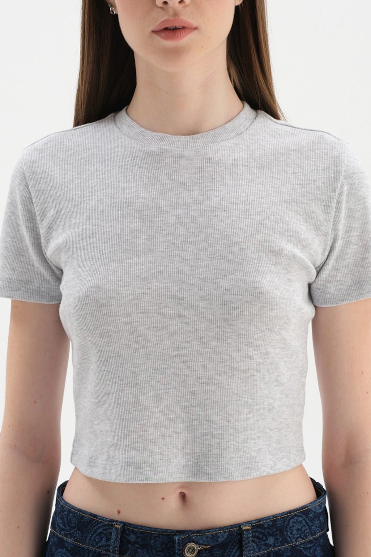 Gri Melanj Bisiklet Yaka Kısa Kol Crop T-Shirt