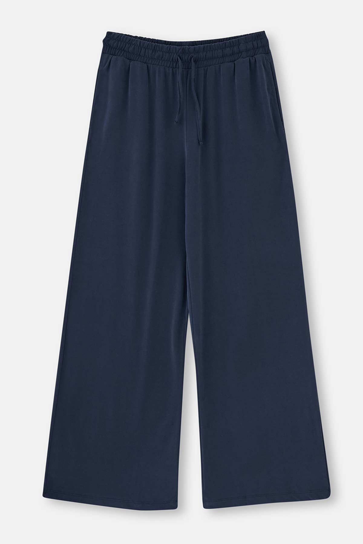 Lacivert Beli Lastikli Geniş Paça Cupro Pantolon