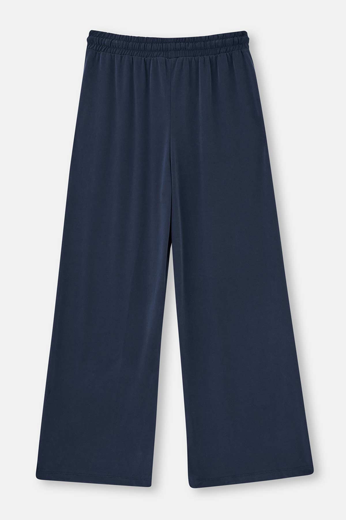 Lacivert Beli Lastikli Geniş Paça Cupro Pantolon