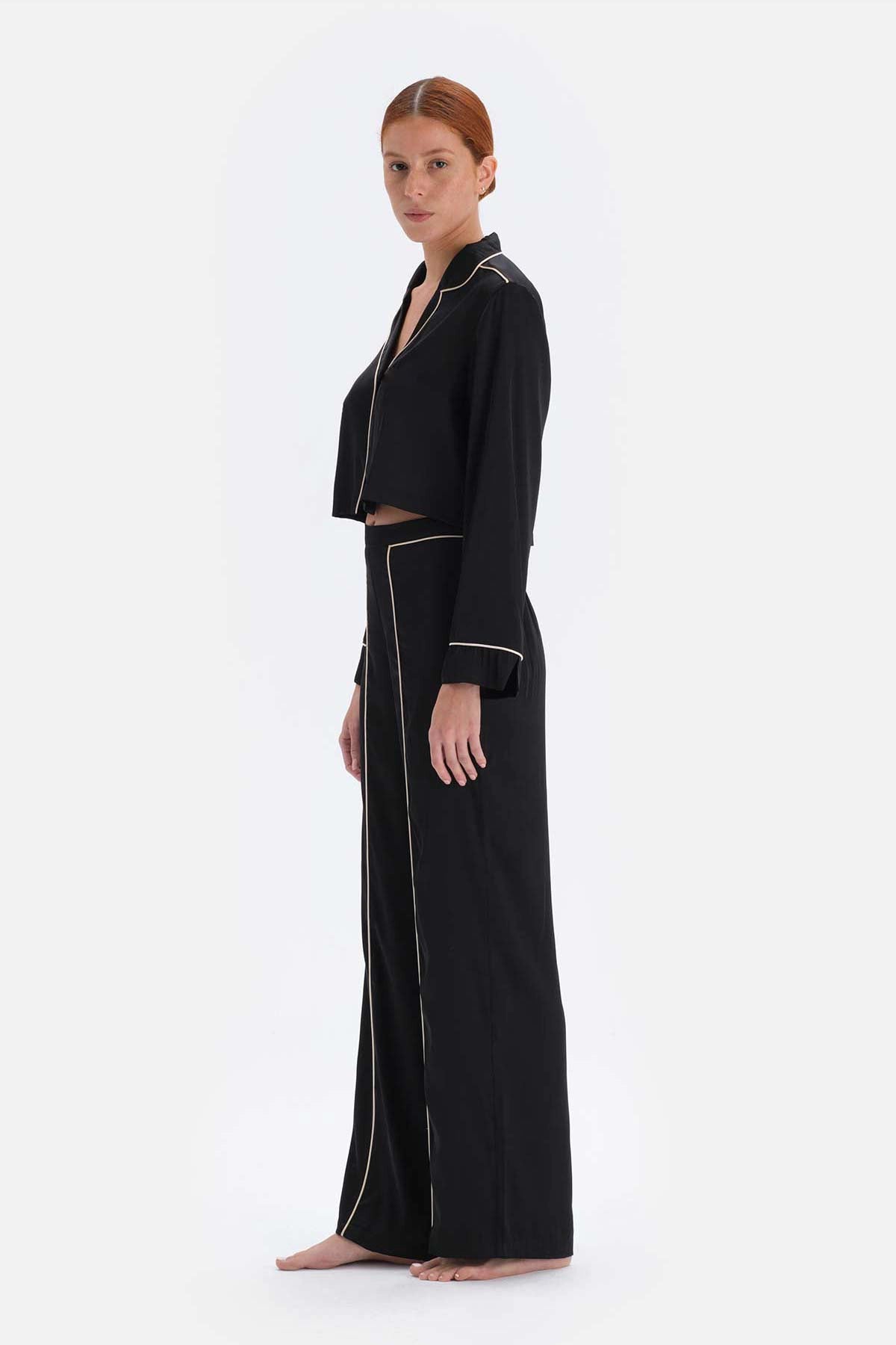 Siyah Biye Detaylı Gömlek Yaka Bride Saten Pijama Takımı
