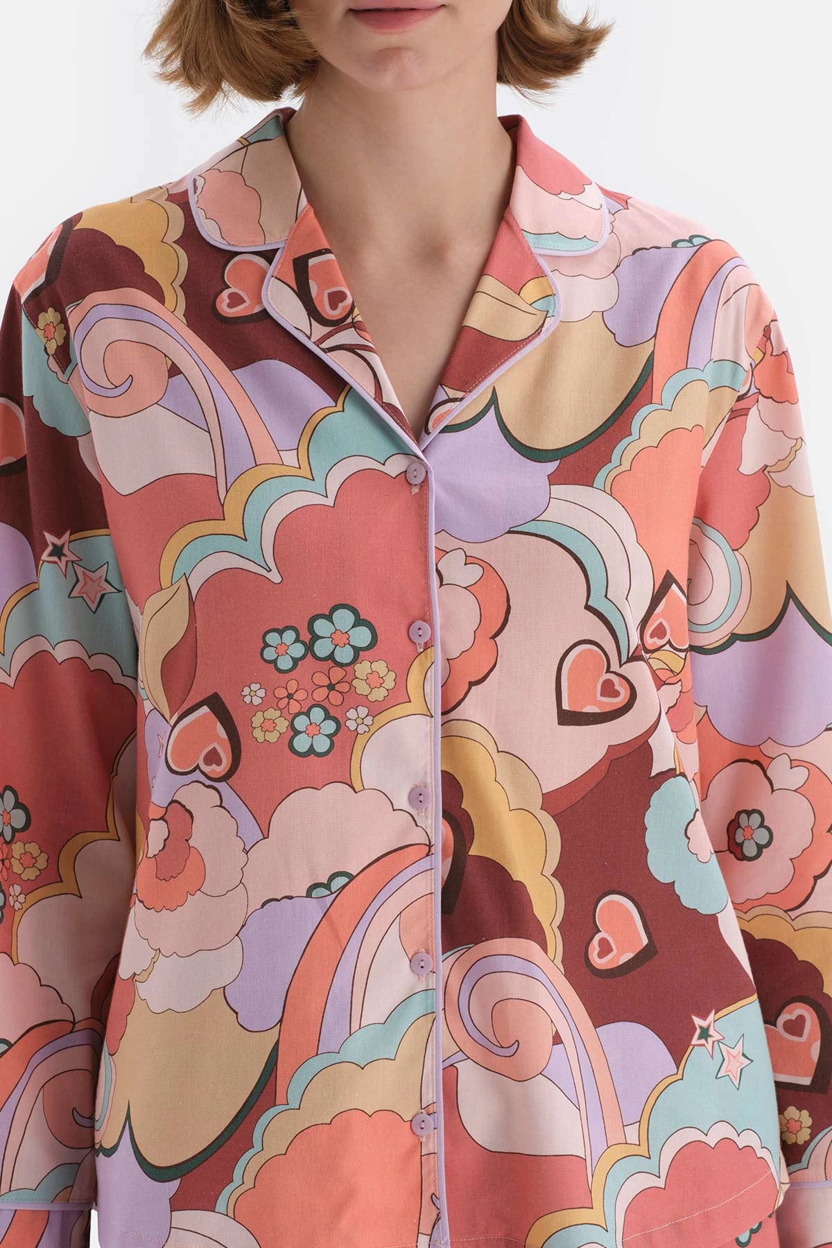 Karışık Karışık Metraj Baskılı Gömlek Yaka Viskon Pijama Takımı