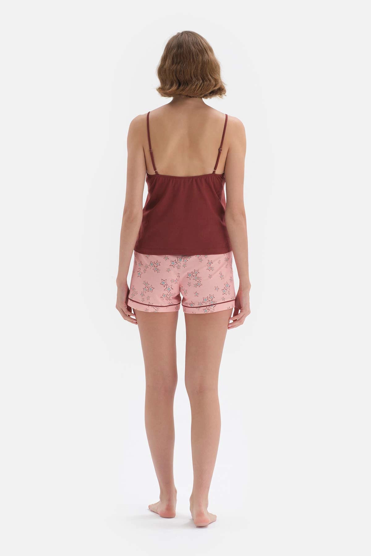 Kahverengi Desenli V Yaka Pamuklu Şortlu Pijama Takımı