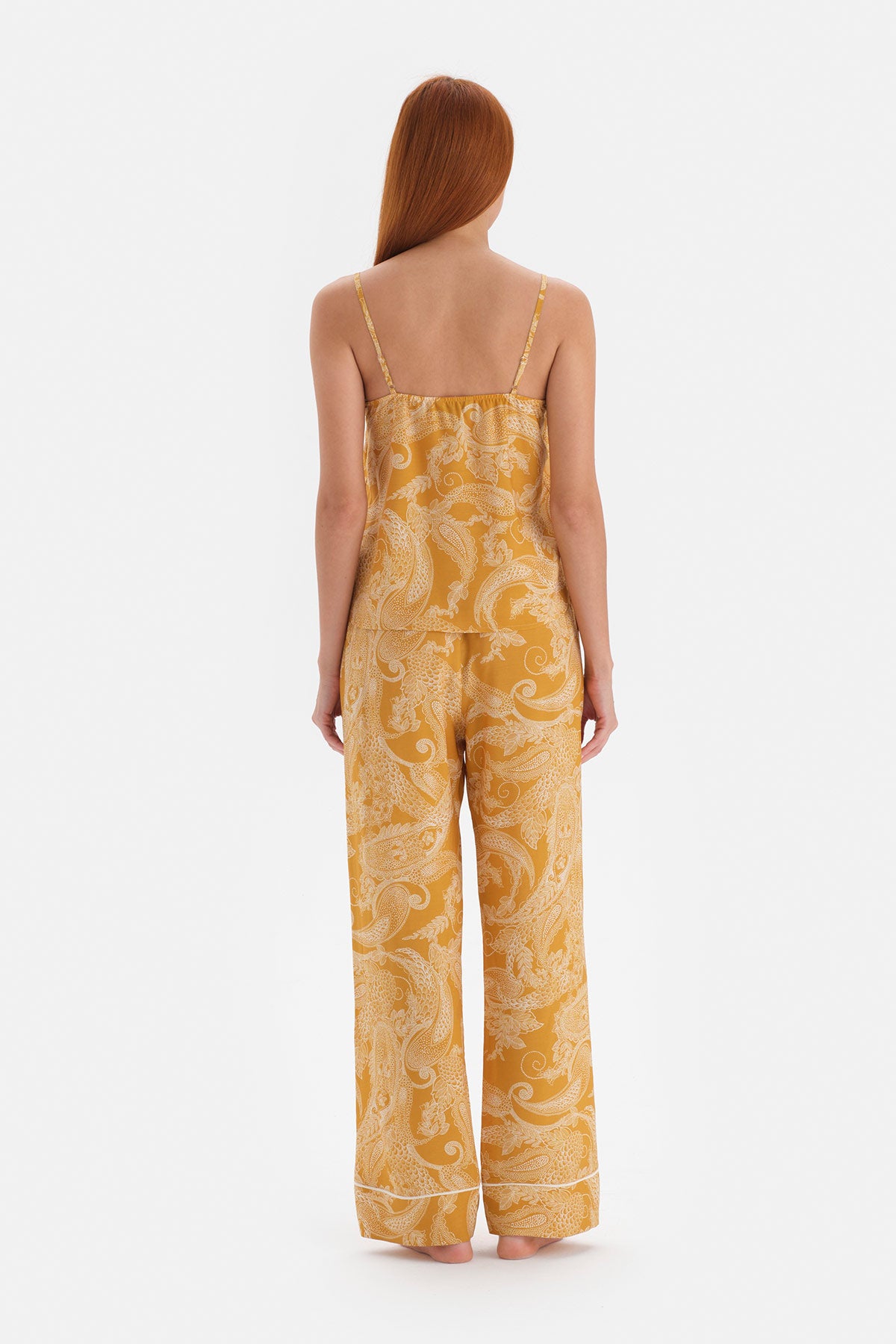 Hardal Metraj Baskılı Askılı Viskon Pijama Takımı
