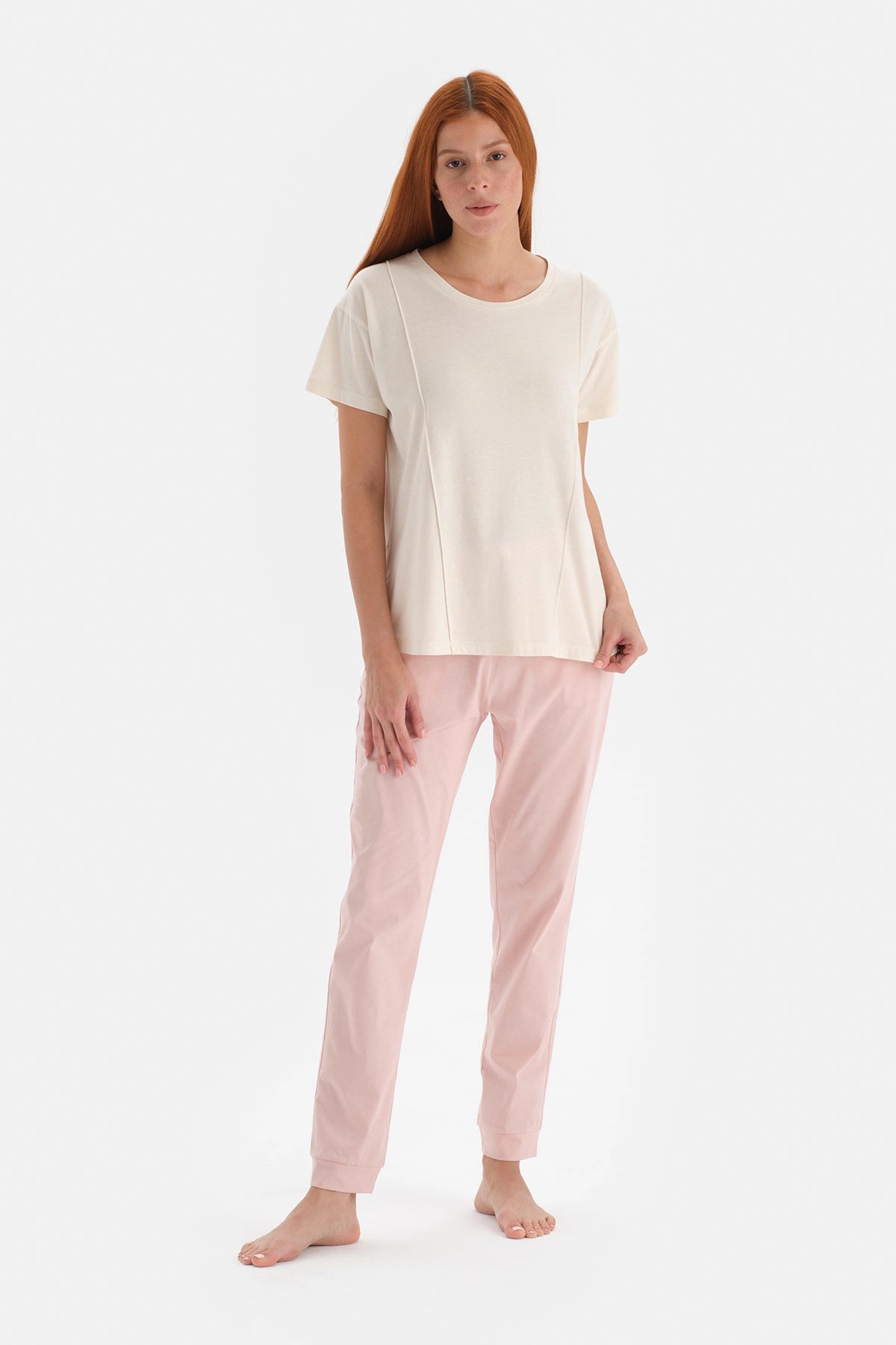 Ekru Kısa Kol Jogger Modal Pijama Takımı