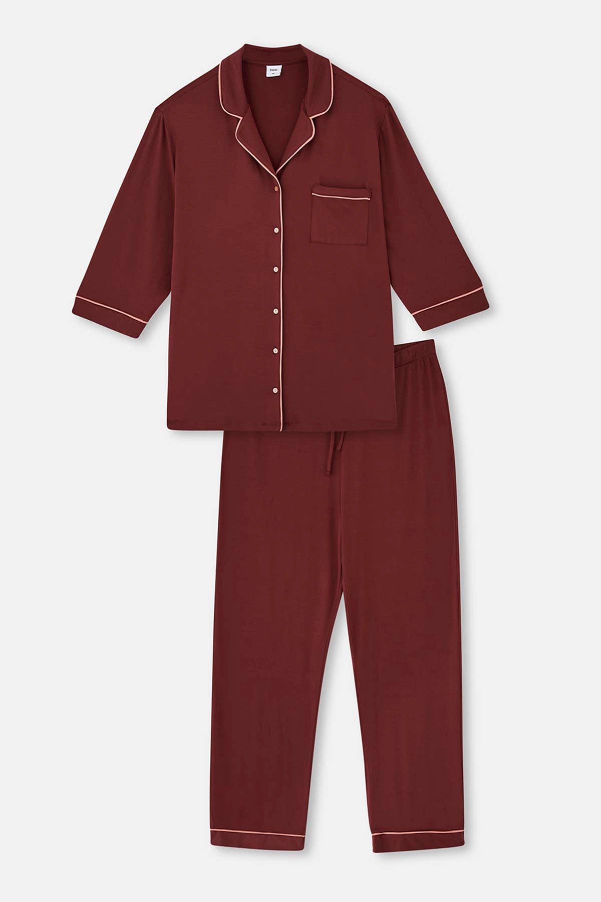 Kahverengi Gömlek Yaka Plus Size Viskon Pijama Takımı
