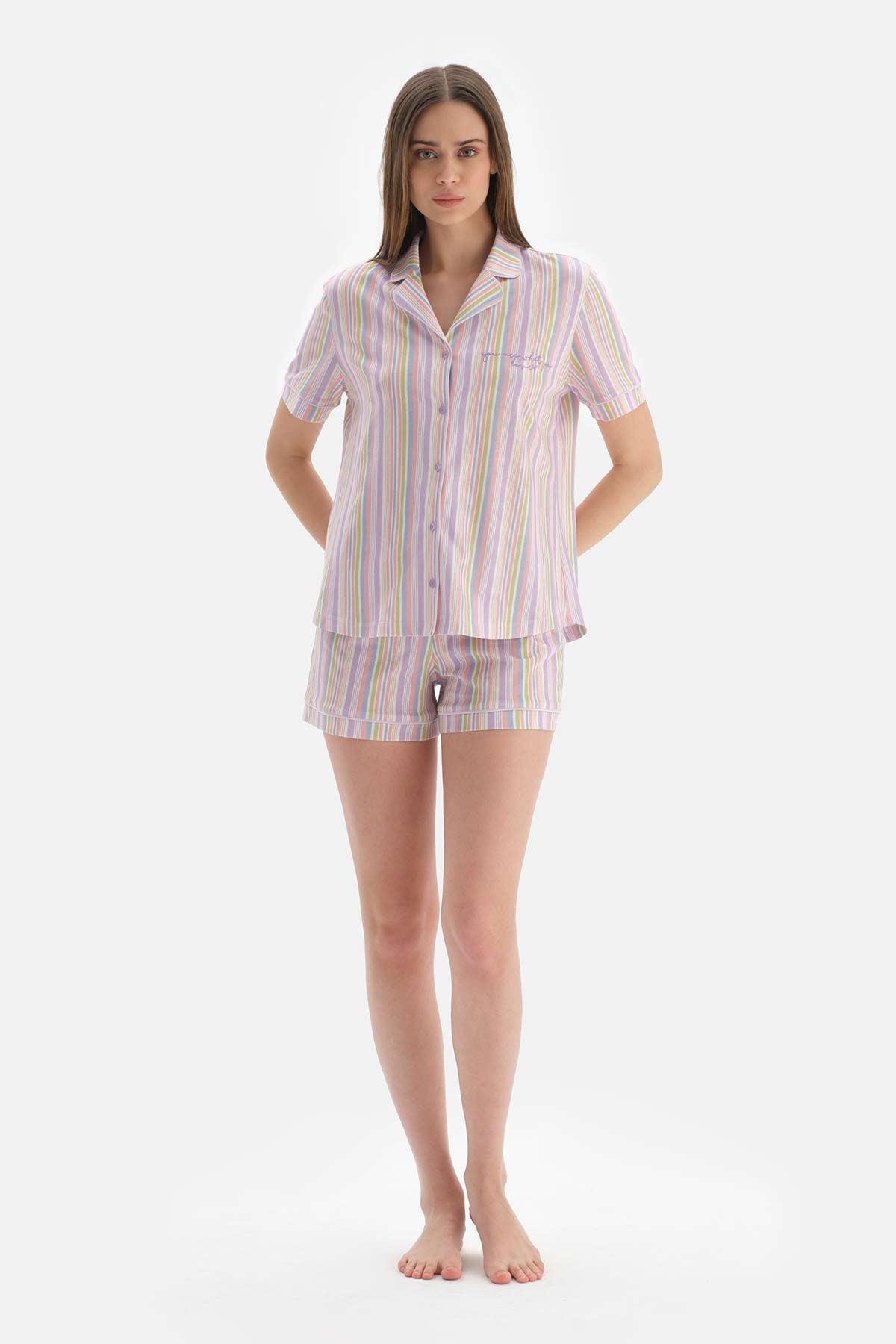 Multicolour Çizgili Gömlek Yaka Pamuklu Şortlu Pijama Takımı