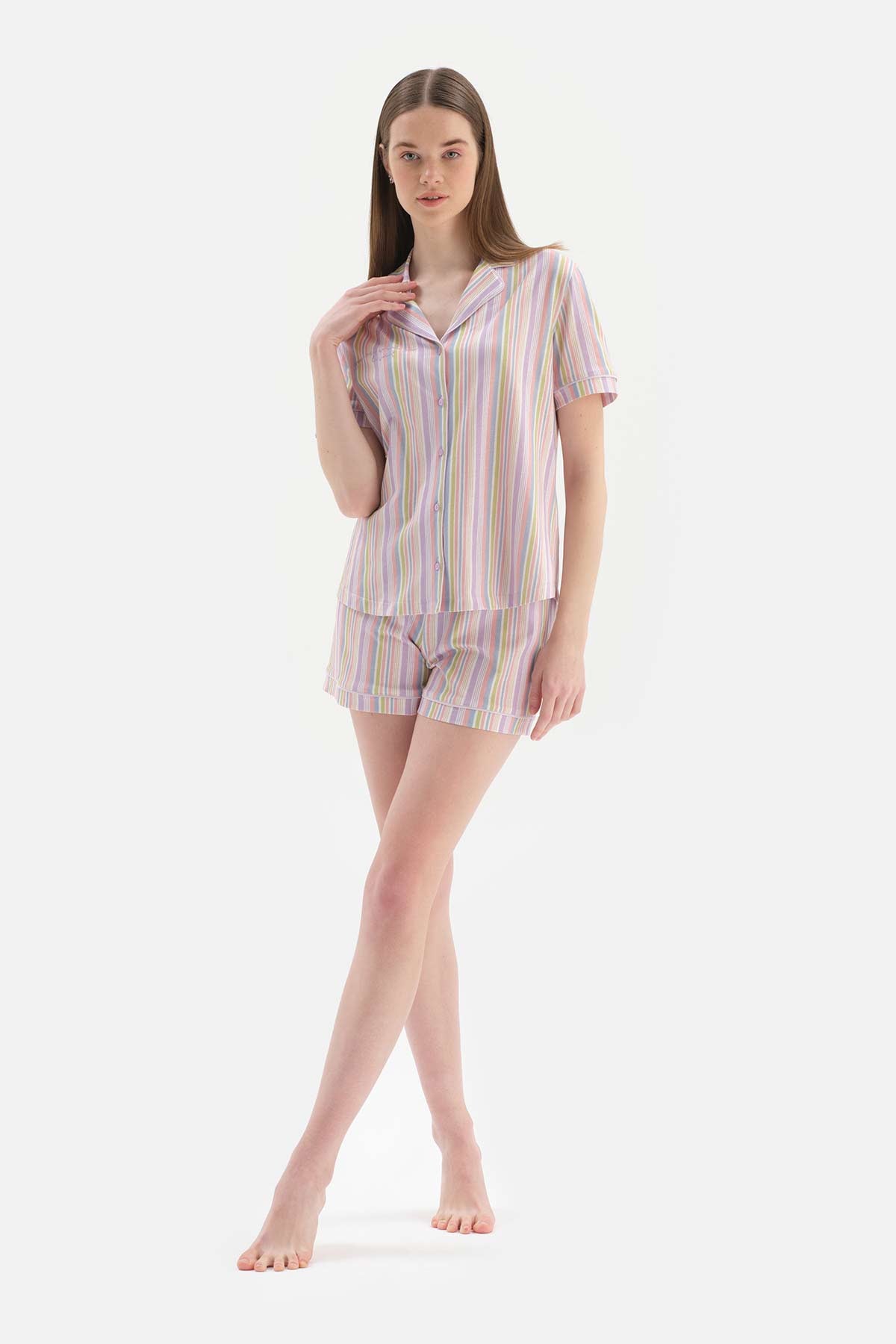 Multicolour Çizgili Gömlek Yaka Pamuklu Şortlu Pijama Takımı