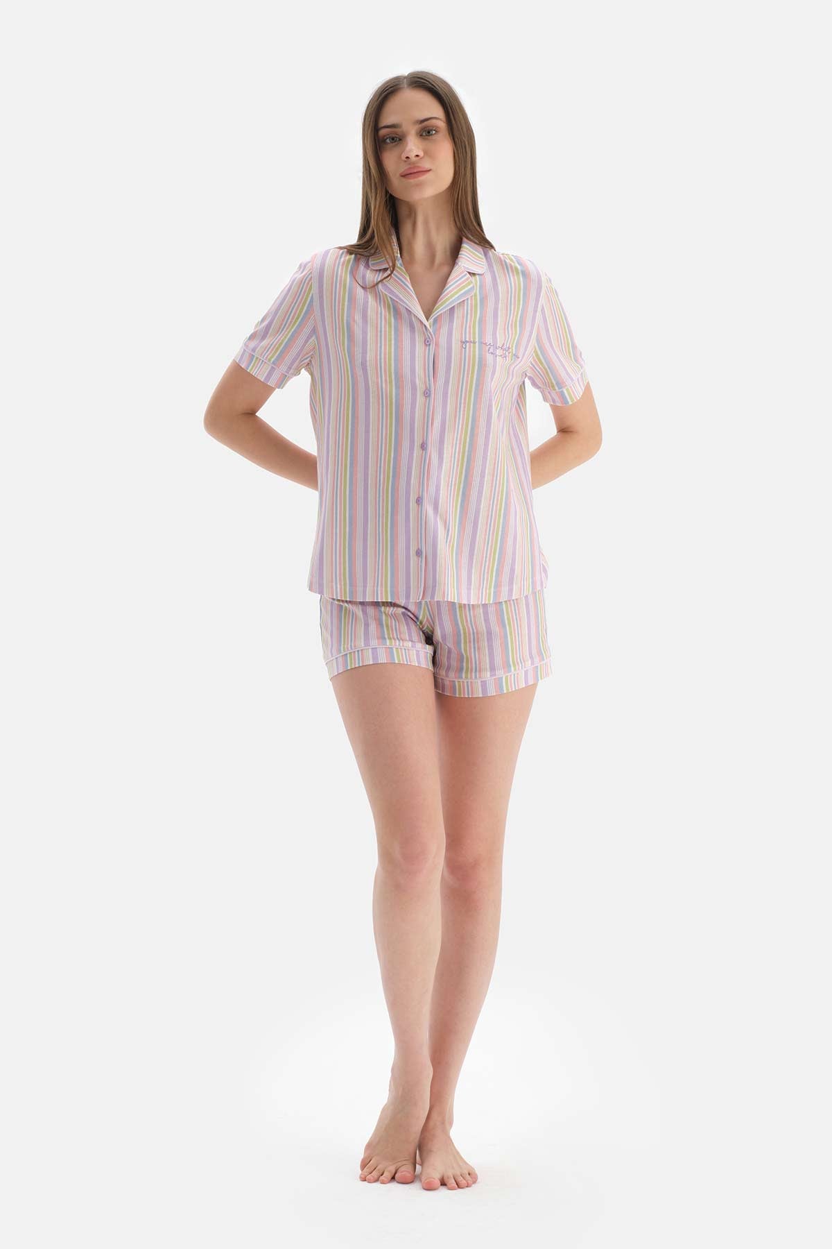 Multicolour Çizgili Gömlek Yaka Pamuklu Şortlu Pijama Takımı