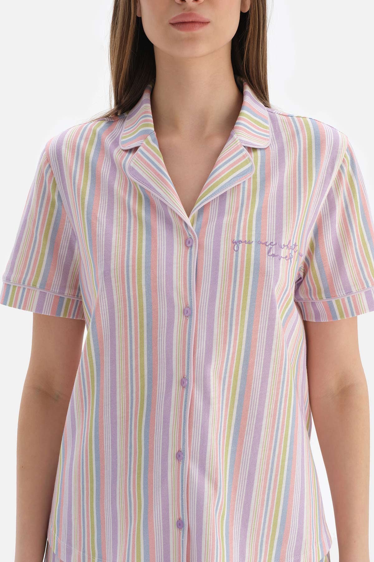 Multicolour Çizgili Gömlek Yaka Pamuklu Şortlu Pijama Takımı