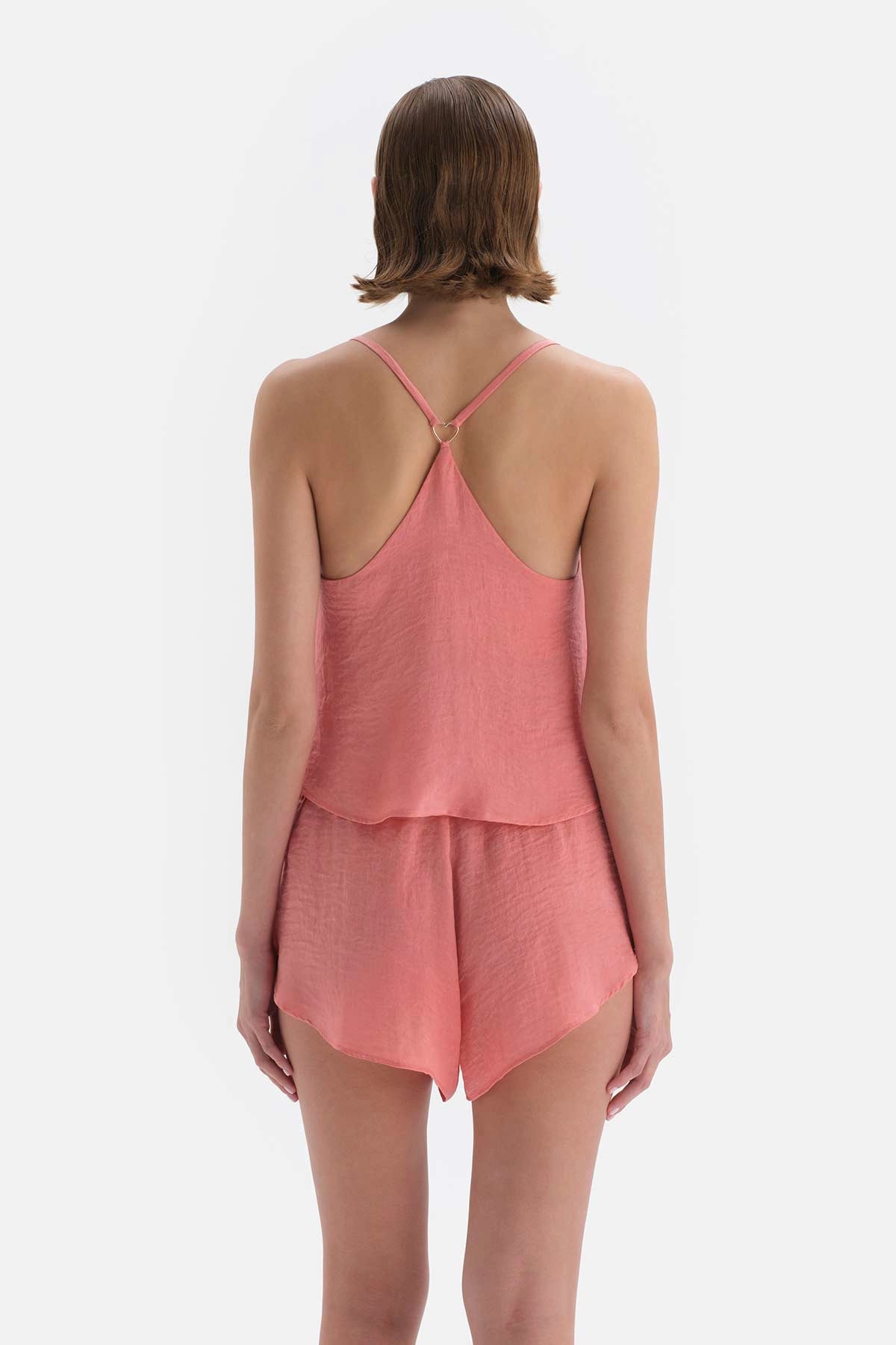 Pembe Kalp Detaylı Saten Şortlu Pijama Takımı