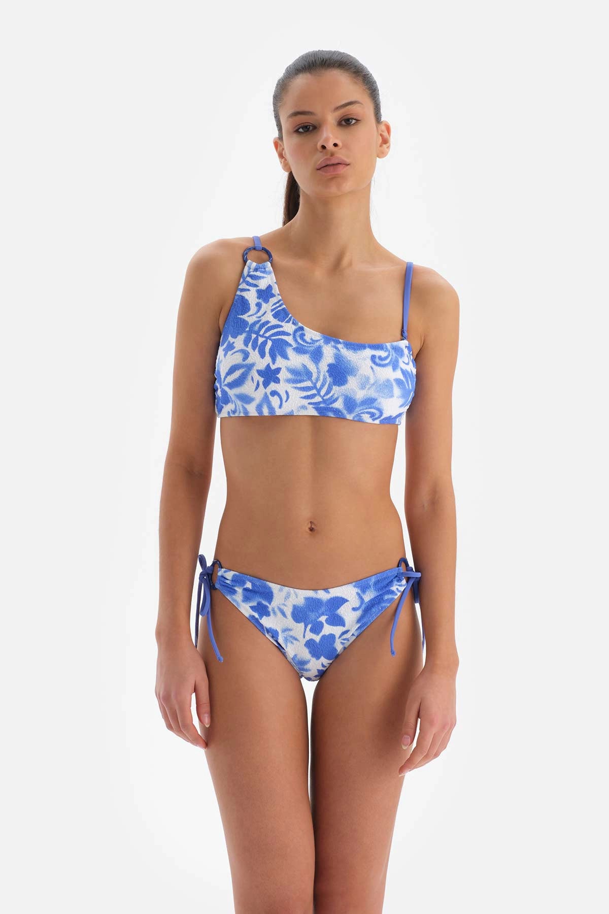 Mavi - Beyaz Tek Omuz Bikini Üstü