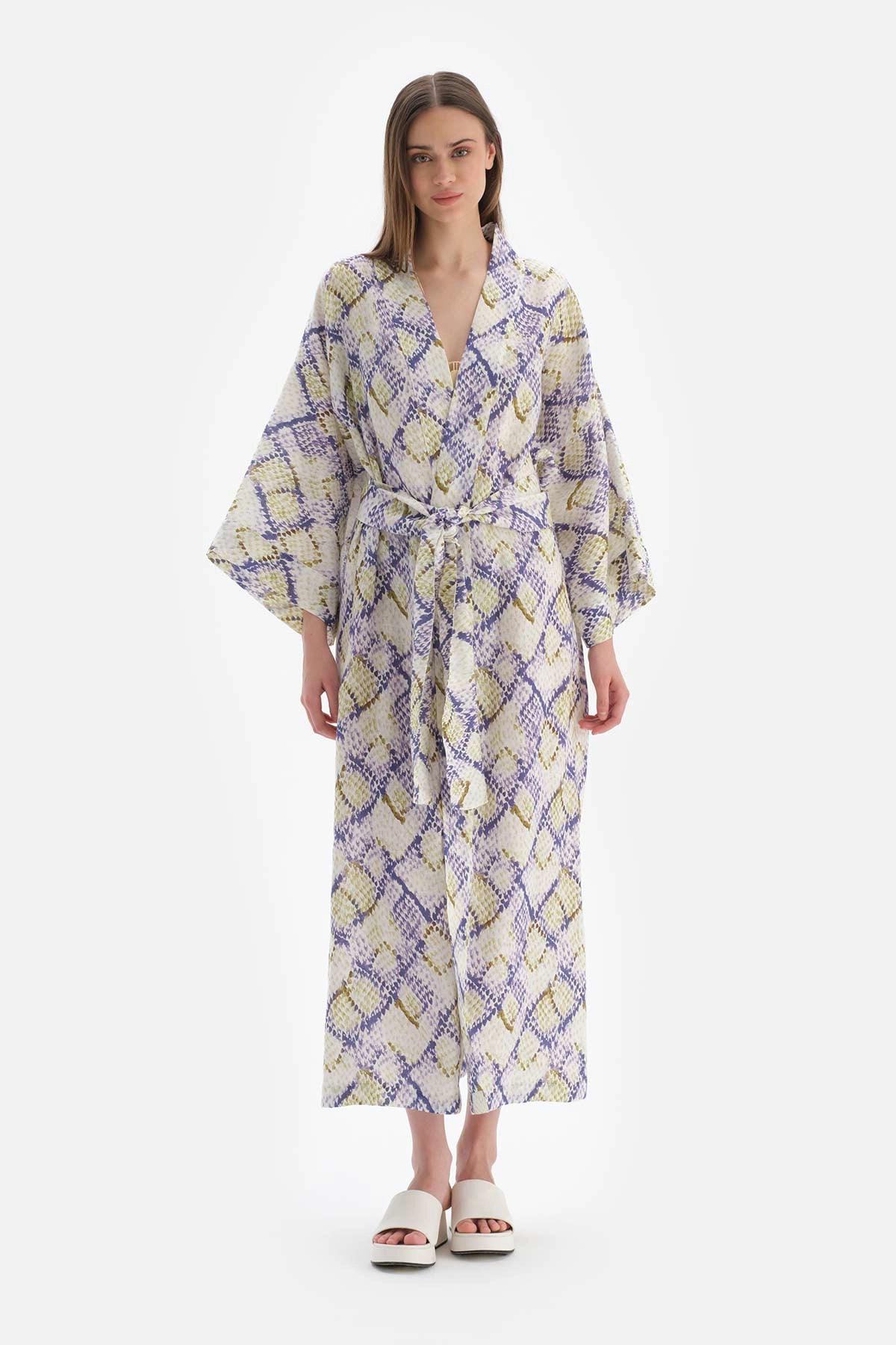 Yeşil - Mavi Keten Uzun Kimono