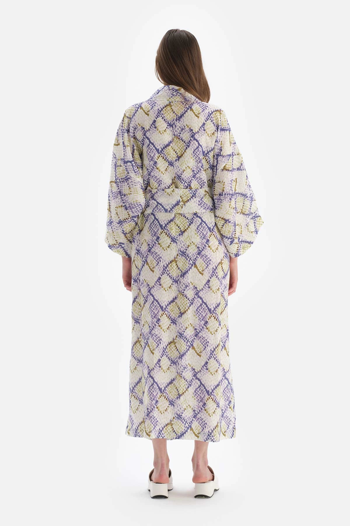 Yeşil - Mavi Keten Uzun Kimono