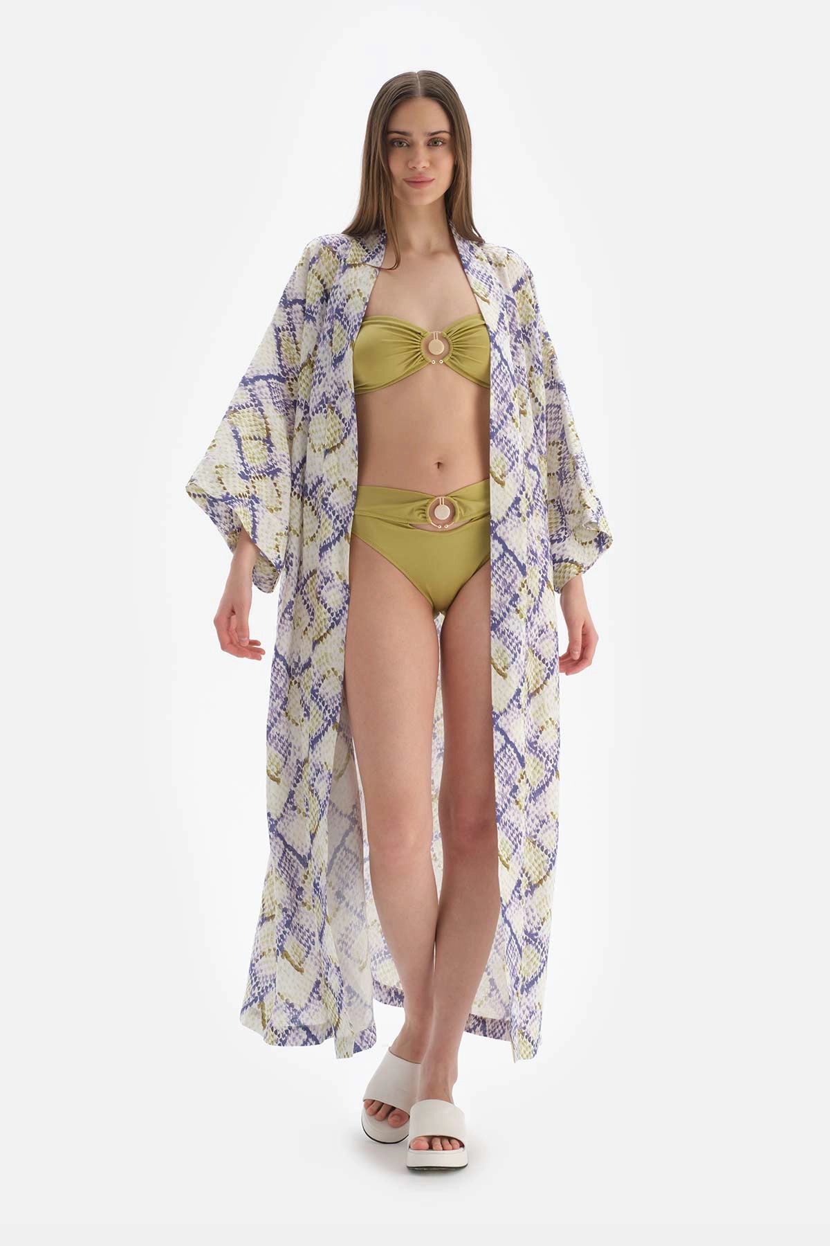 Yeşil - Mavi Keten Uzun Kimono