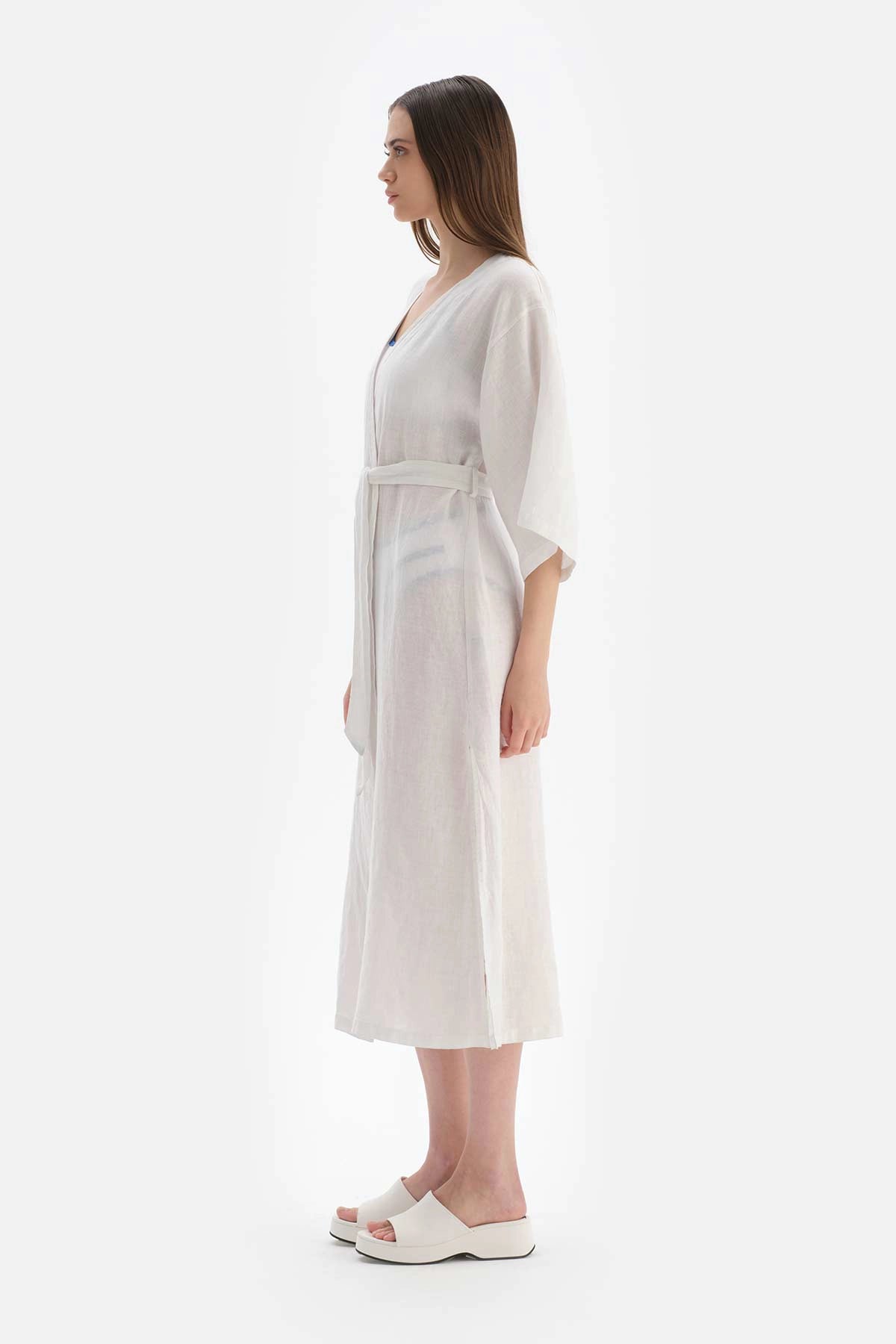 Beyaz Keten Uzun Kimono