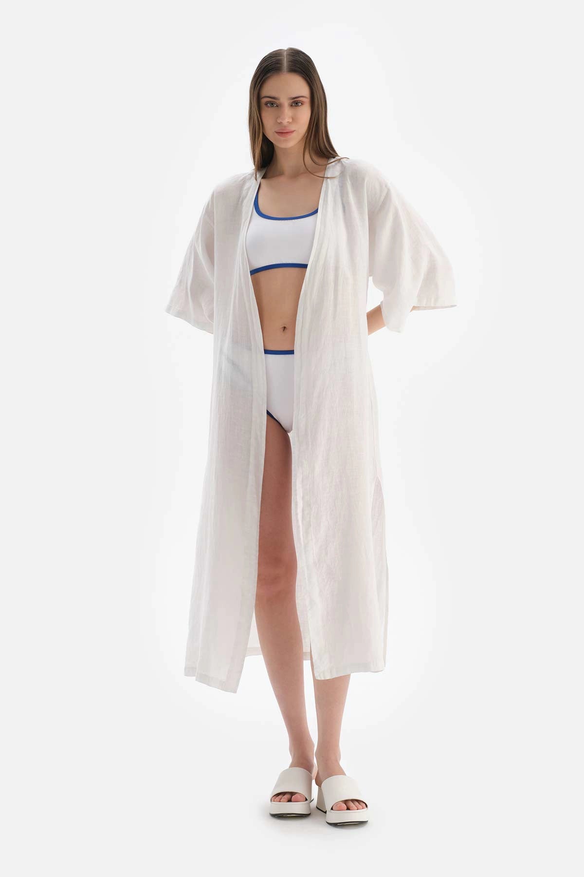 Beyaz Keten Uzun Kimono