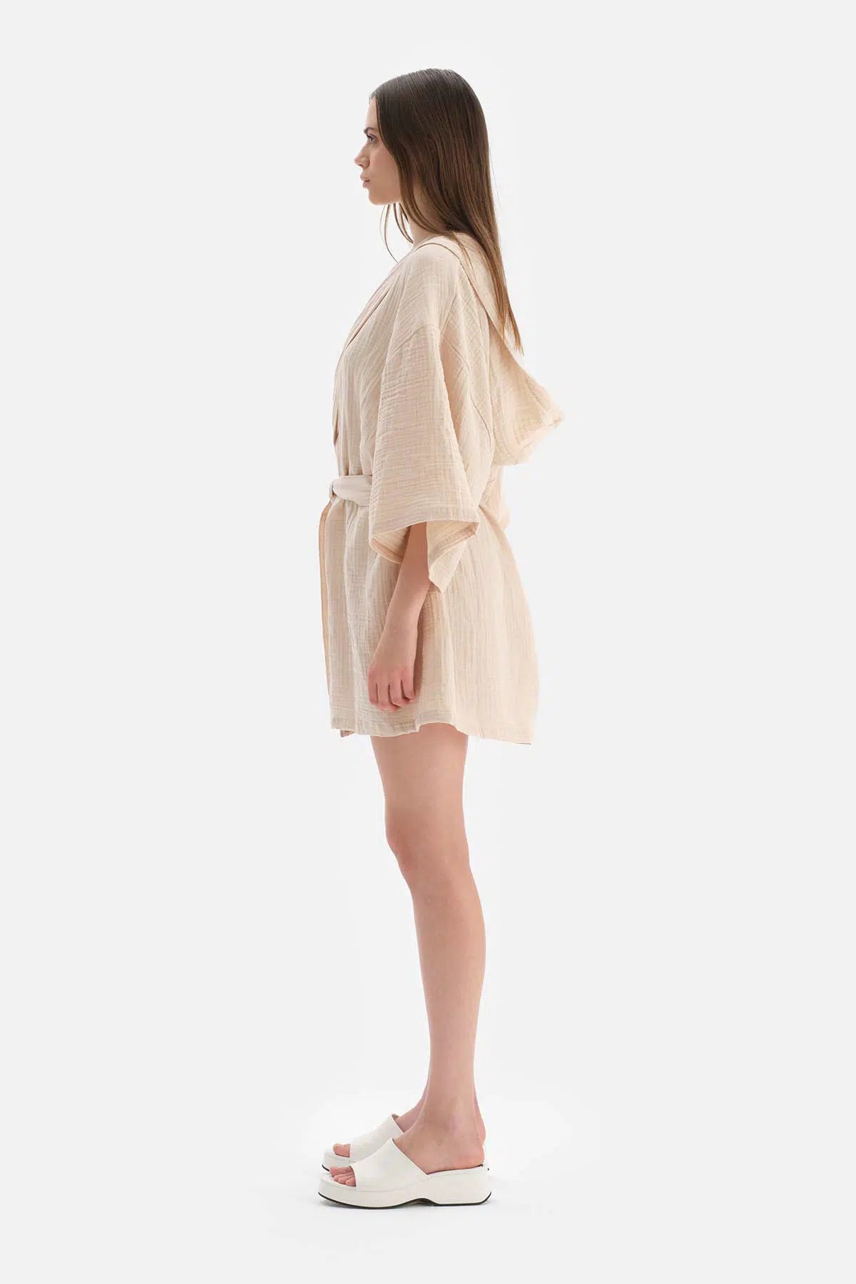 Bej Müslin Kapişonlu Kısa Kimono