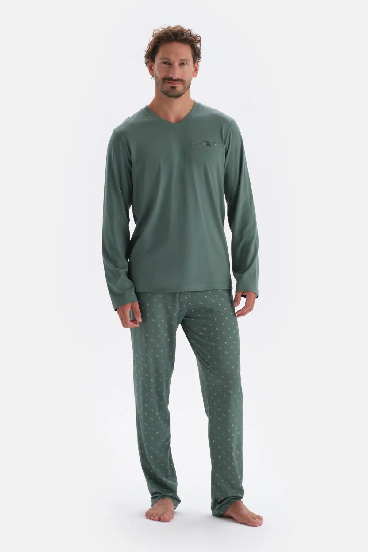 Yeşil V Yaka Uzun Kollu Pamuk Modal Pijama Takımı