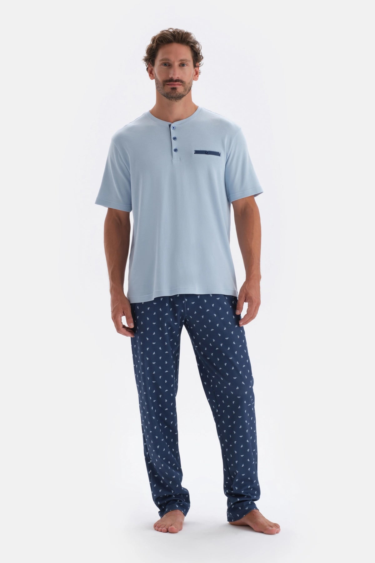 Mavi Yarım Patlı Cep Detaylı Kısa Kollu Örme Pijama Takımı
