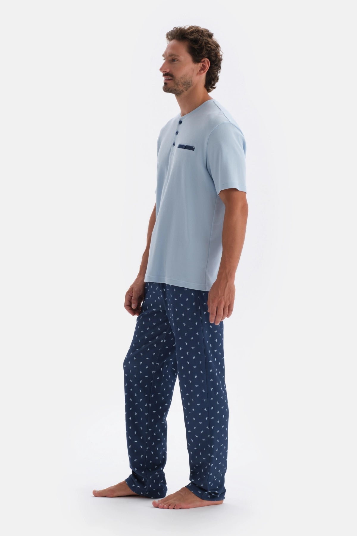 Mavi Yarım Patlı Cep Detaylı Kısa Kollu Örme Pijama Takımı