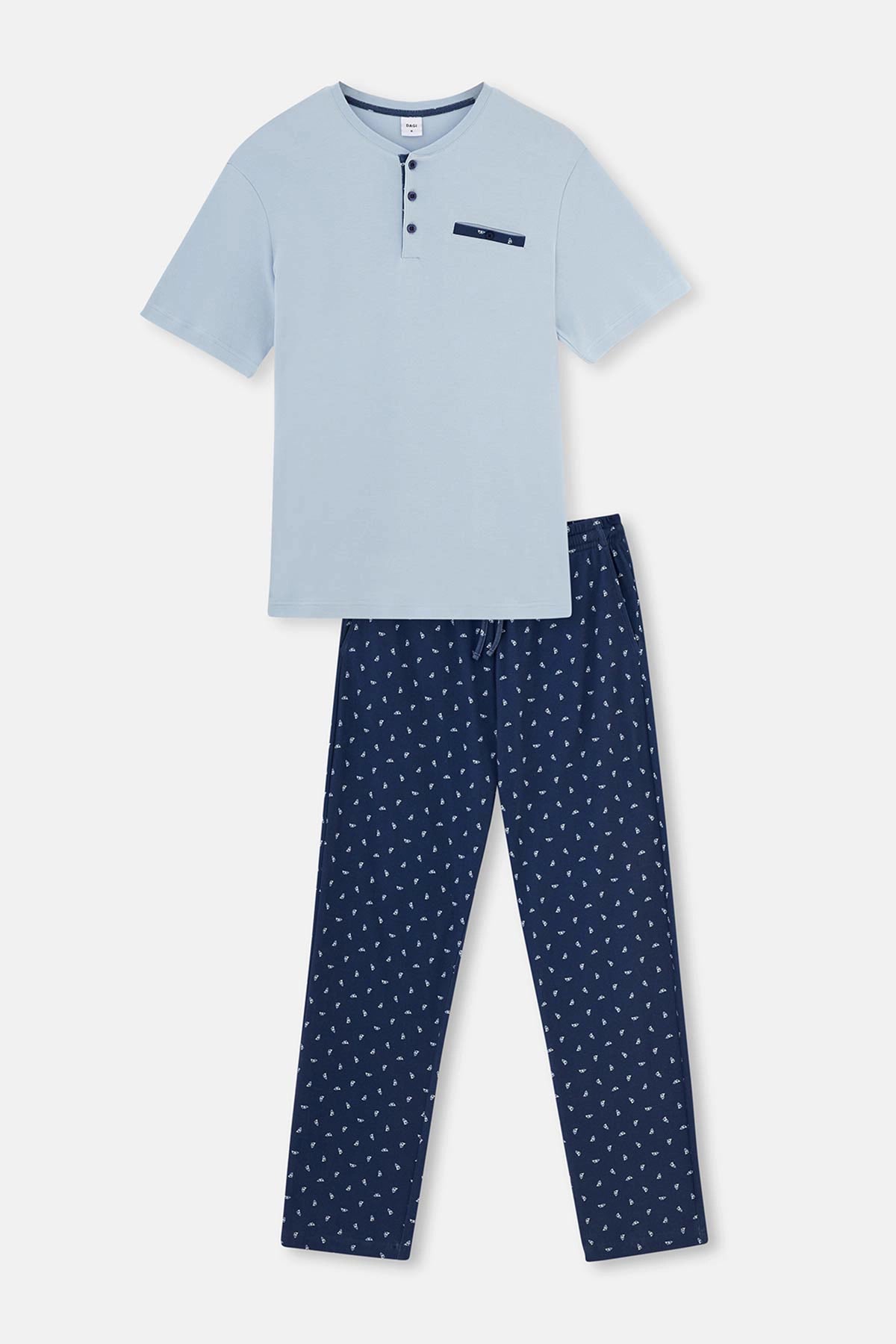 Mavi Yarım Patlı Cep Detaylı Kısa Kollu Örme Pijama Takımı
