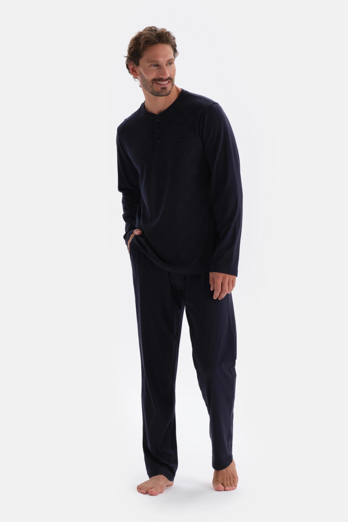 Lacivert Jakarlı Tişört Pantolon Örme Pijama Takımı