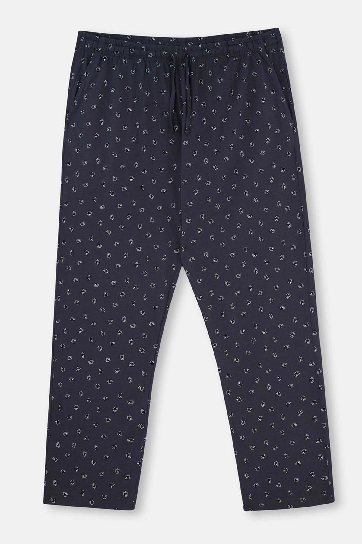 Lacivert Yarım Patlı Altı Metraj Baskılı Plus Size Pijama Takımı