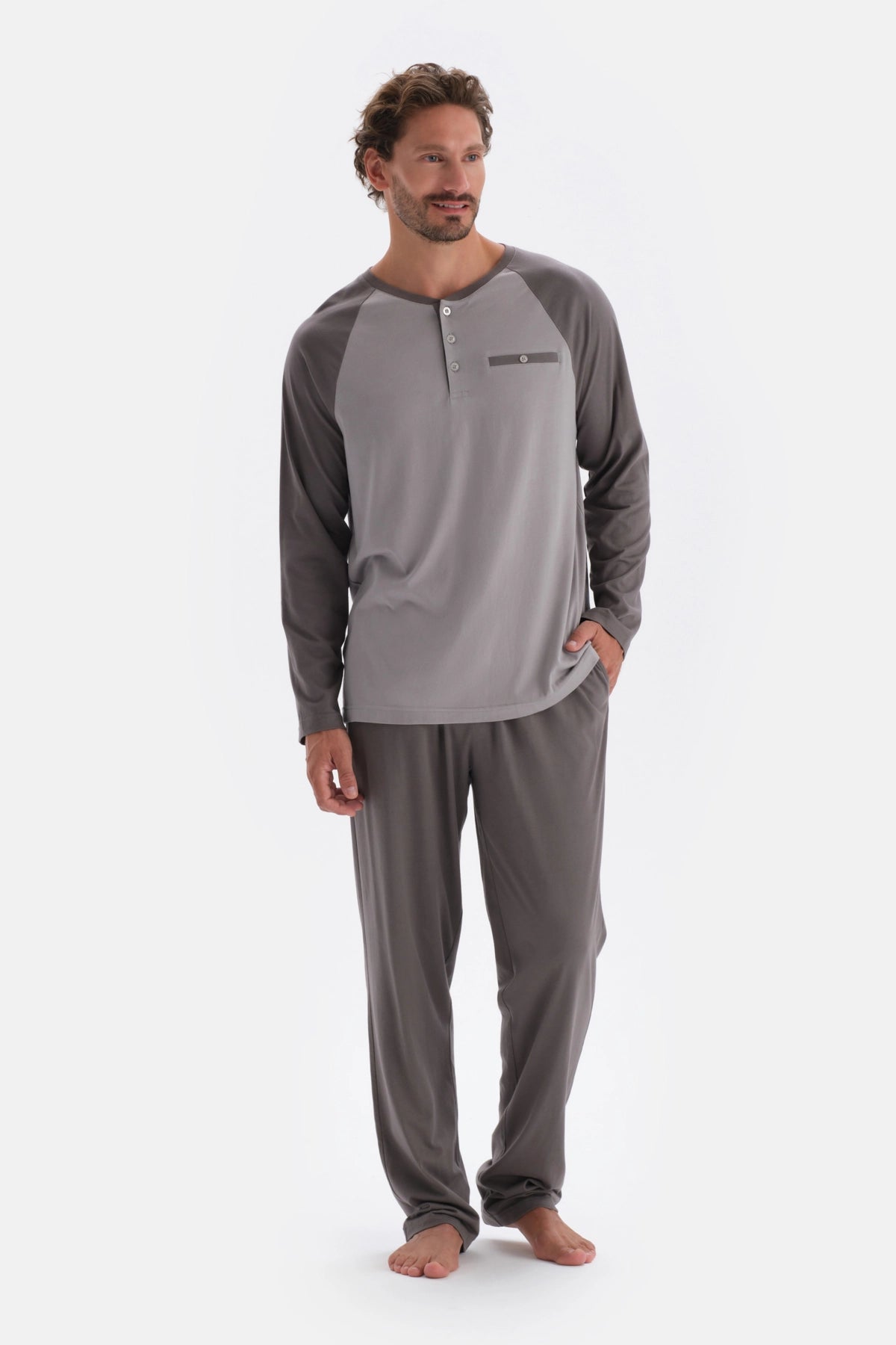 Antrasıt Yarım Patlı Uzun Kollu Pamuk Modal Pijama Takımı
