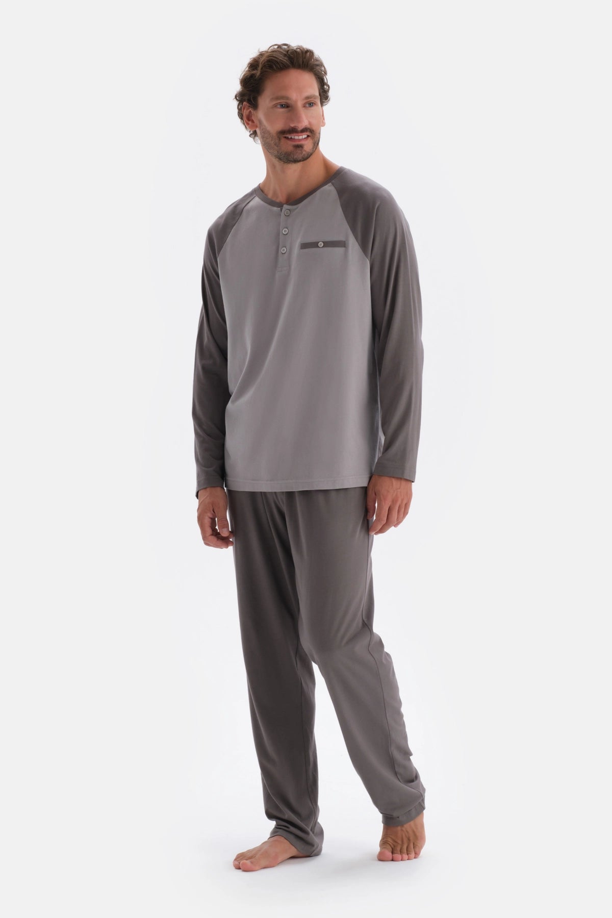 Antrasıt Yarım Patlı Uzun Kollu Pamuk Modal Pijama Takımı