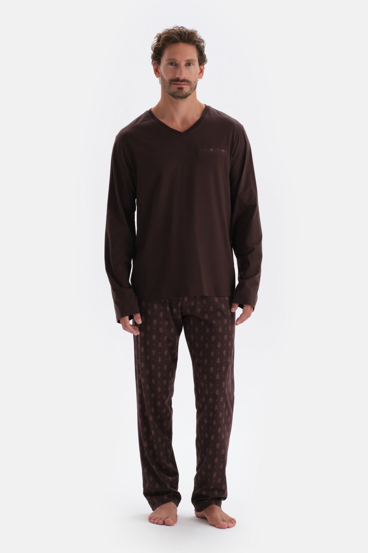 Koyu Kahve V Yaka Uzun Kollu Pamuk Modal Pijama Takımı