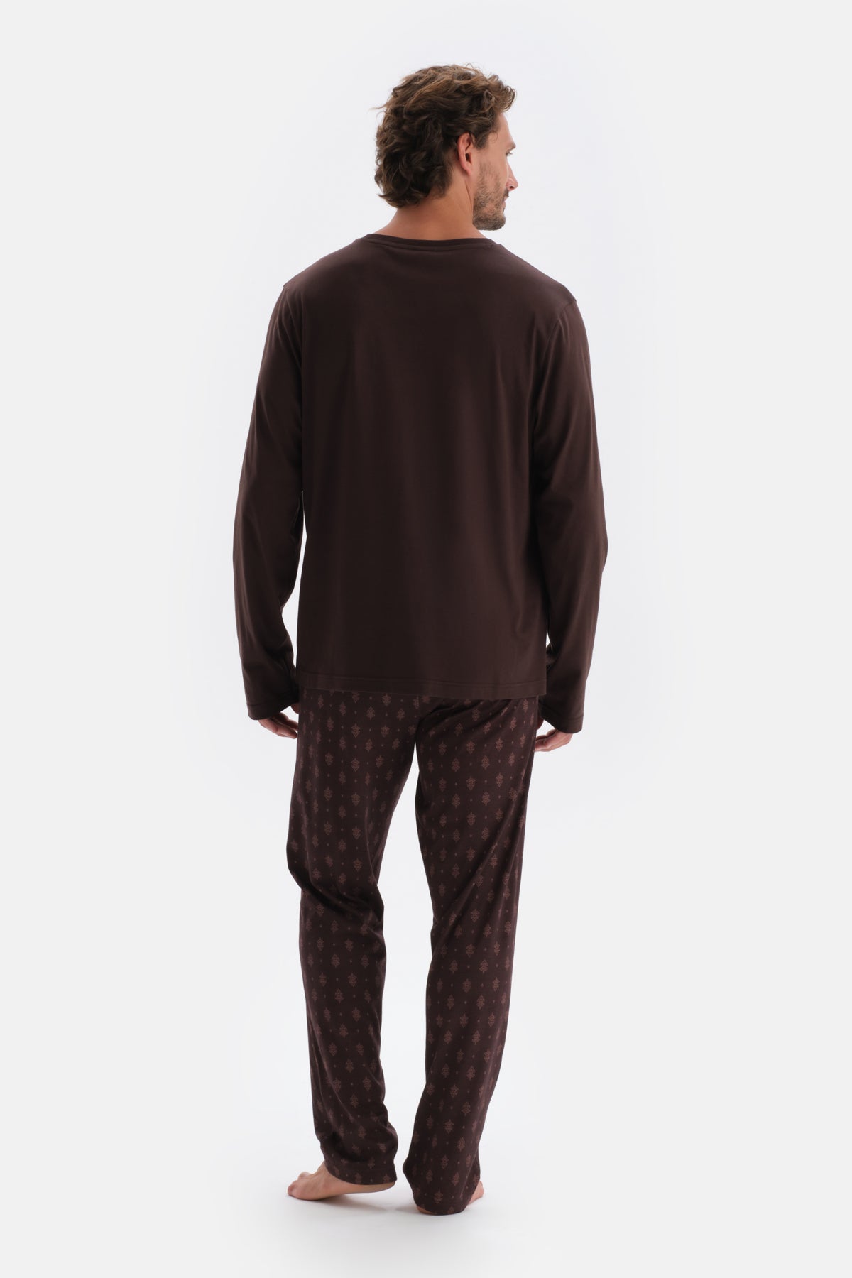 Koyu Kahve V Yaka Uzun Kollu Pamuk Modal Pijama Takımı