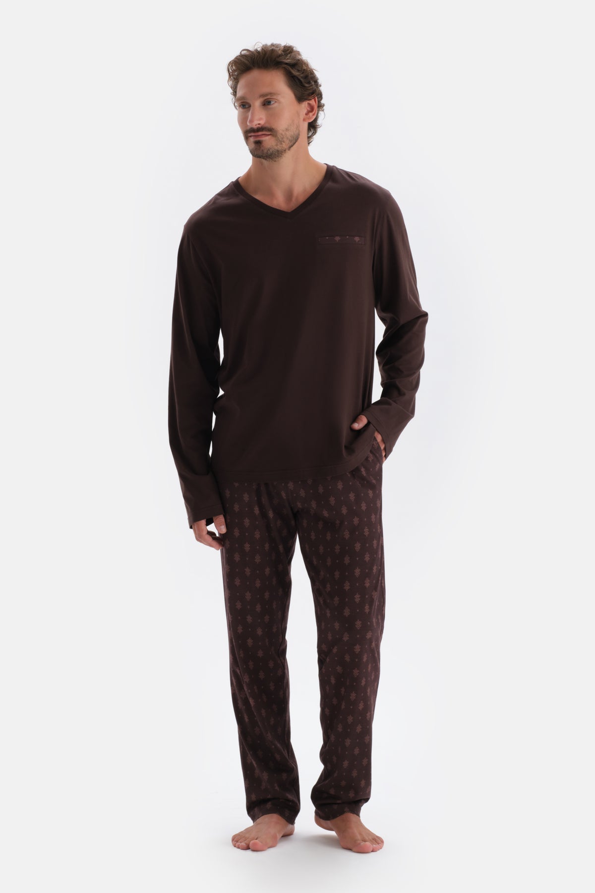 Koyu Kahve V Yaka Uzun Kollu Pamuk Modal Pijama Takımı