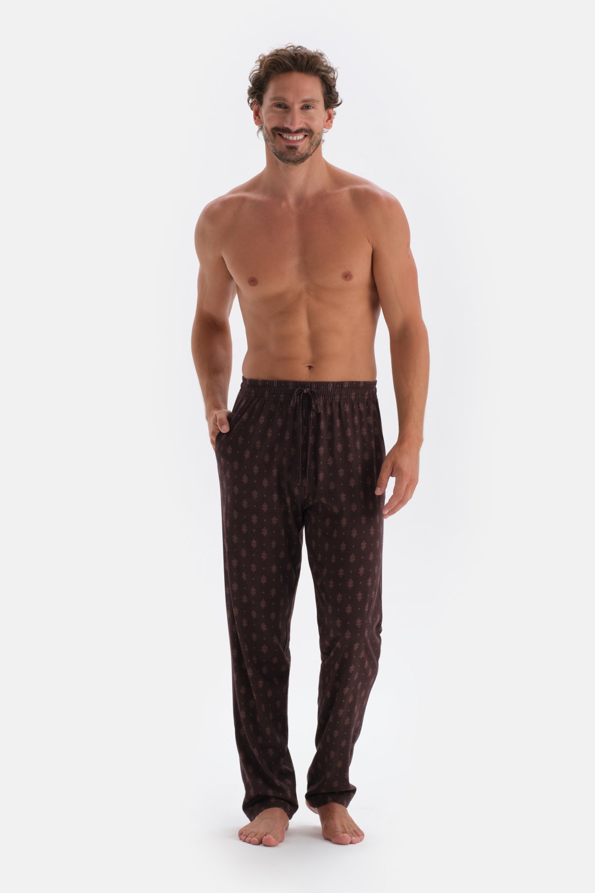 Koyu Kahve V Yaka Uzun Kollu Pamuk Modal Pijama Takımı