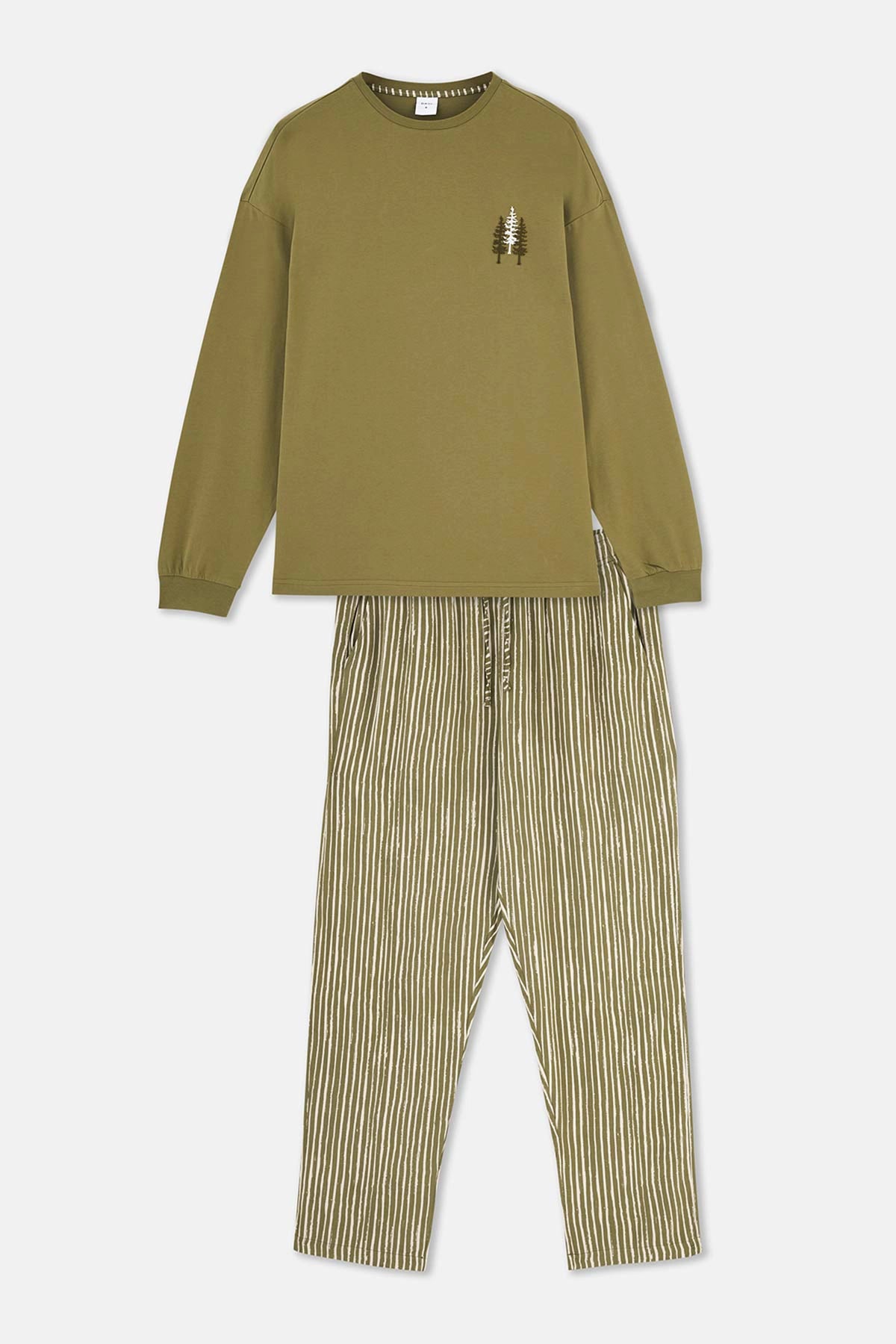 Yeşil Baskı Detaylı Uzun Kollu Altı Dokuma Pijama Takımı