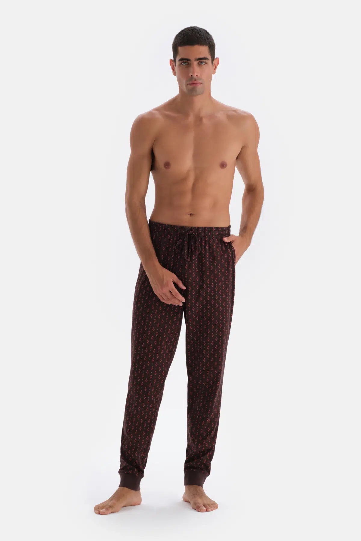 Koyu Kahve Baskı Detaylı Bisiklet Yaka Pamuk Modal Pijama Takımı