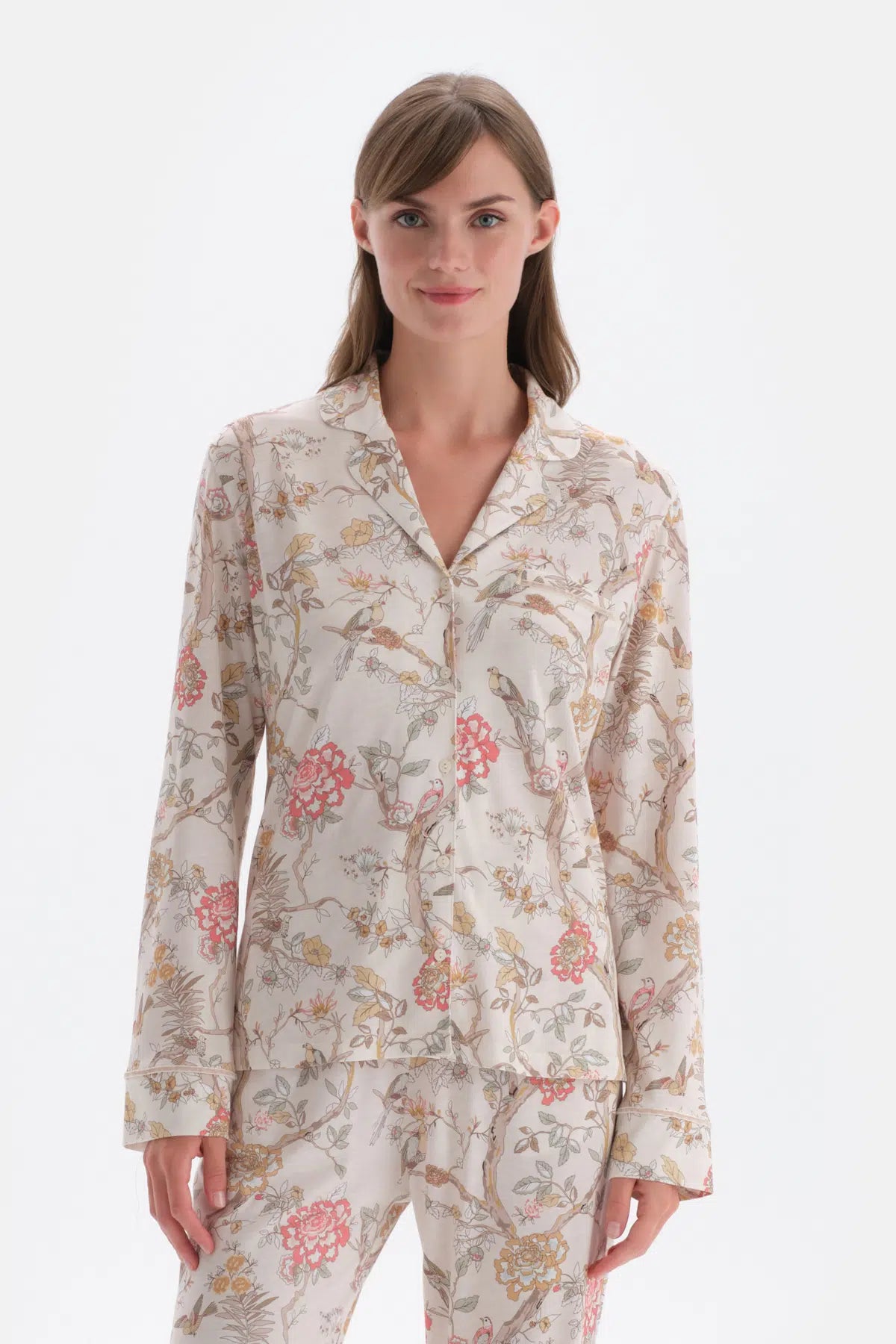 Ekru Metraj Baskılı Gömlek Pantolon Pijama Takımı