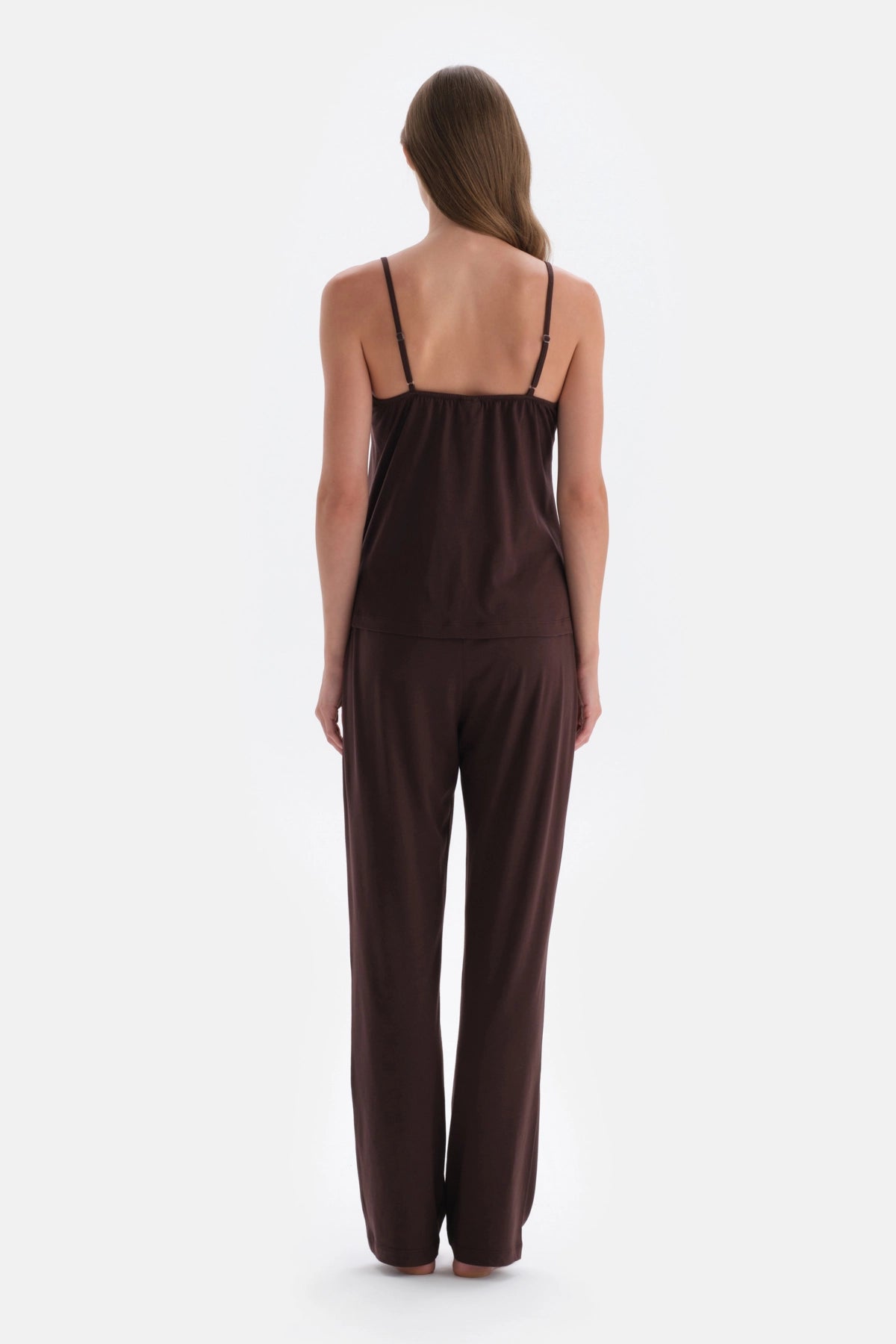 Koyu Kahve Dantel Detaylı Atlet Pantolon Pijama Takımı