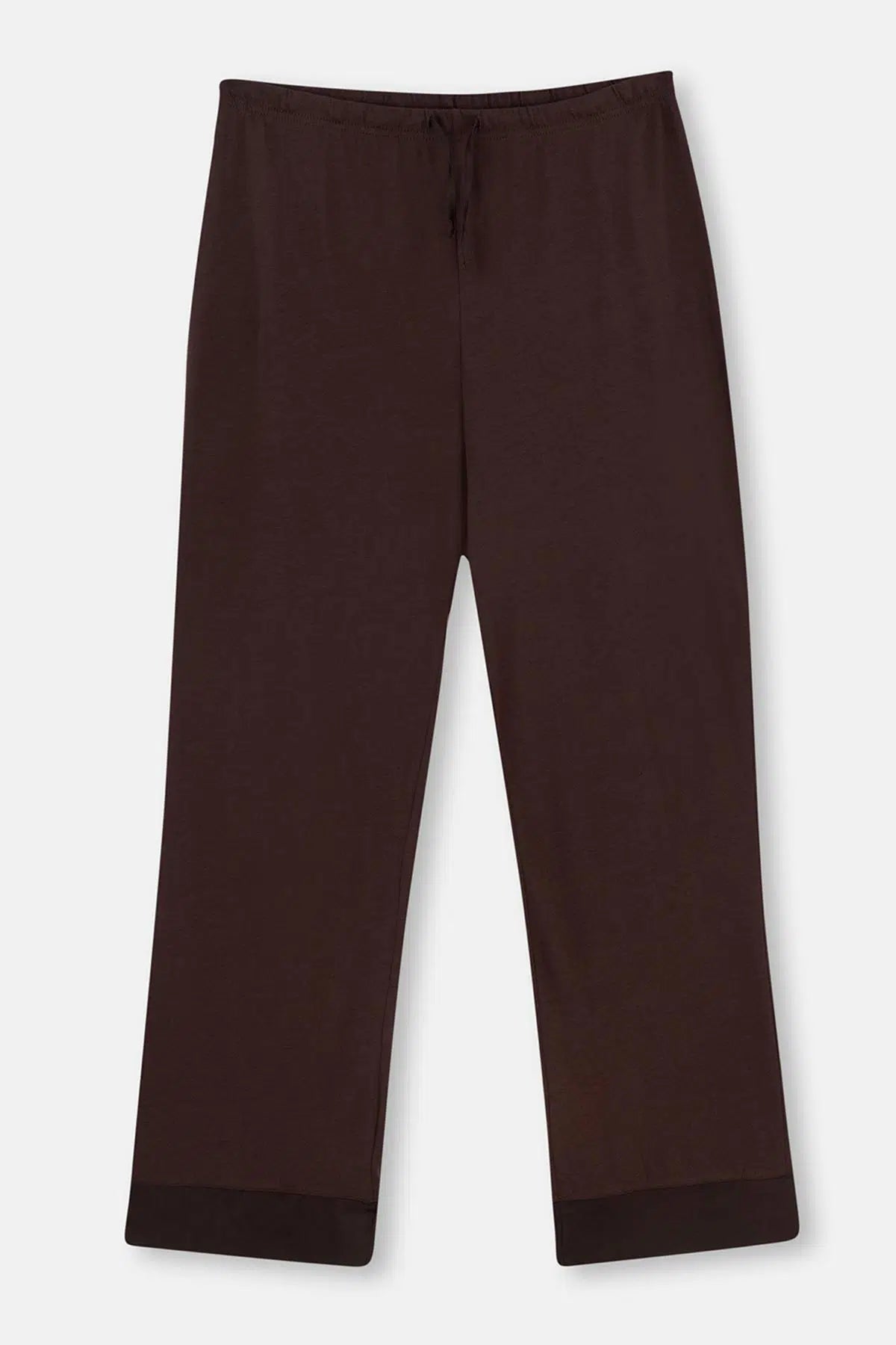 Koyu Kahve Saten Paça Detaylı Gömlek Pantolon Pijama Takımı