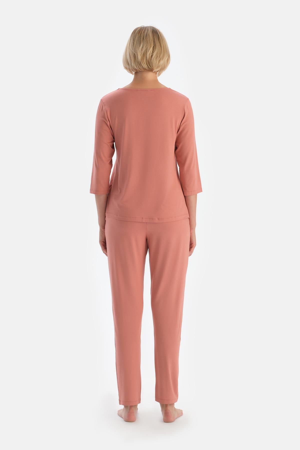 Gül Kurusu Uzun Kollu V Yaka Viskon Pijama Takımı